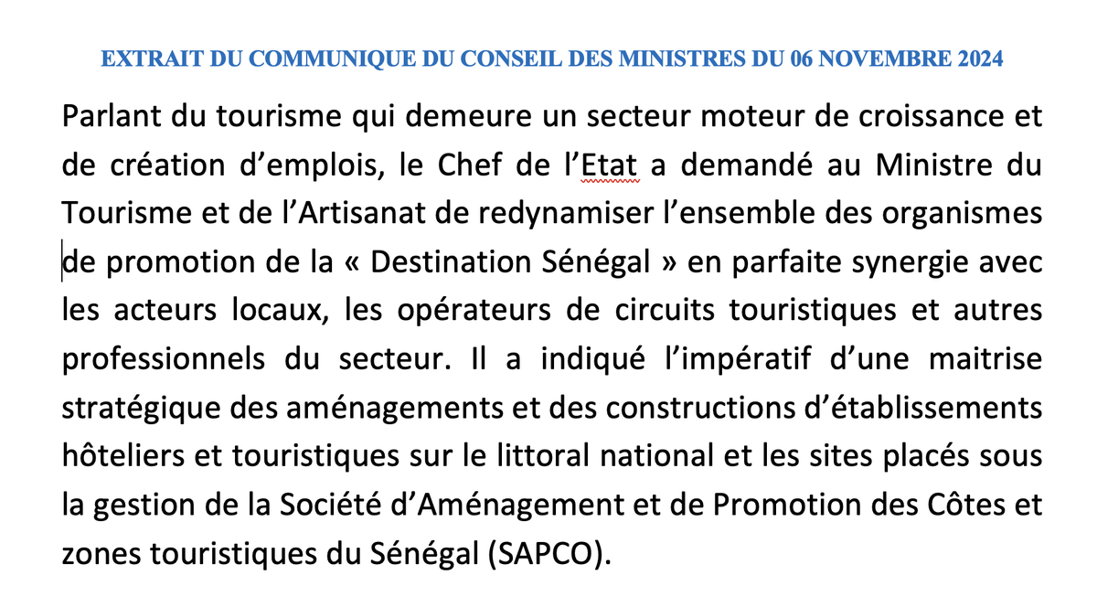 MinCult_Tourism's tweet image. 3/4 EXTRAIT DU COMMUNIQUE DU CONSEIL DES MINISTRES DU 06 NOVEMBRE 2024
@PR_Senegal 
@PR_Diomaye 
@SonkoOfficiel 
@M_DIAO221  @ATouristique @TourismeSenegal @SapcoSenegal #tourisme #circuits