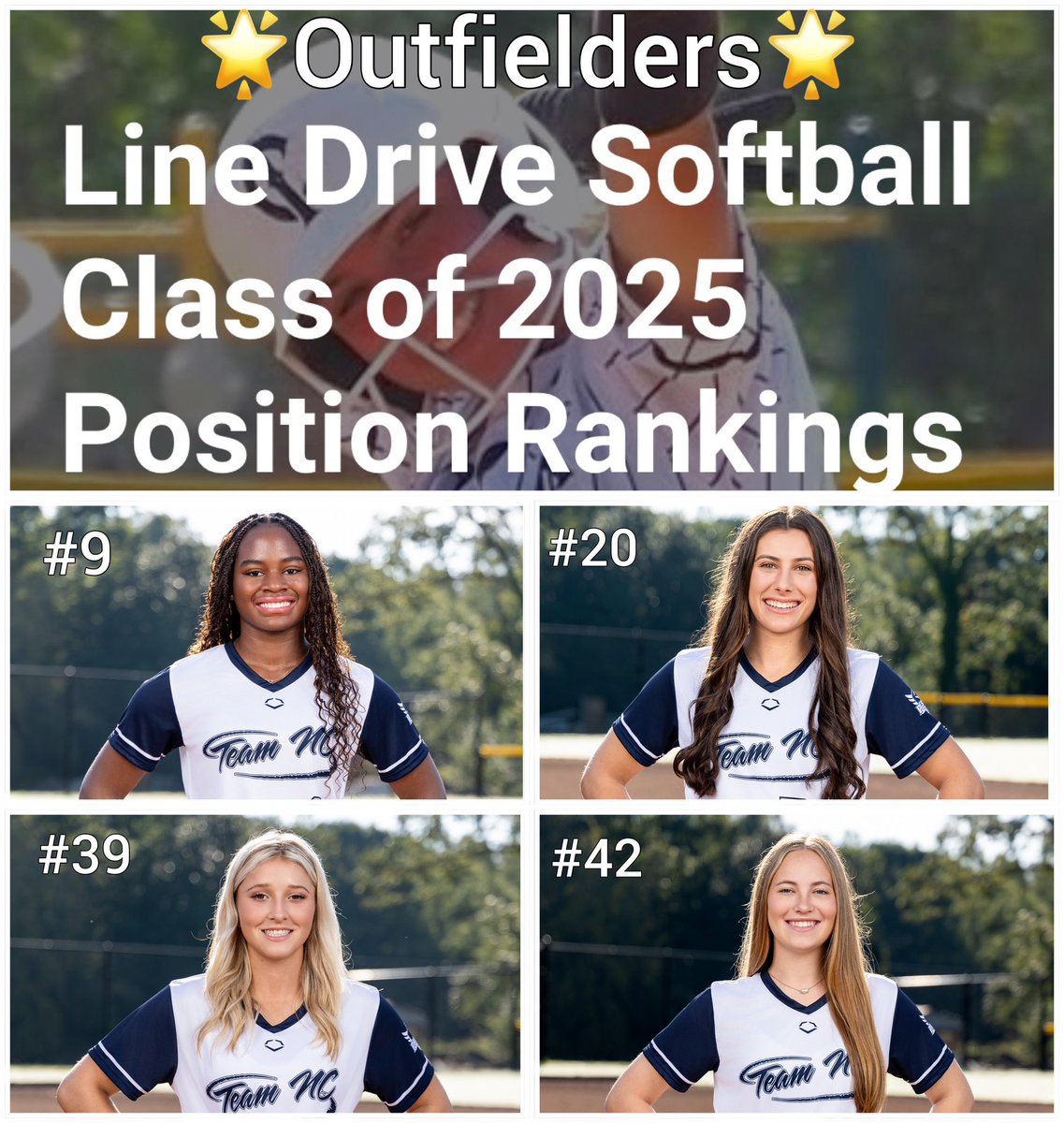 Congrats to the following seniors for earning a spot in the <a href="/LineDsoftball/">Line Drive Media</a> 2025 Position Rankings - Outfielders: 

#9 <a href="/saharaw_2025/">Sahara Wilson 2025</a> 
&gt; <a href="/UNCSoftball/">Carolina Softball</a> 

#20 <a href="/Rocheleau2025/">Sarah Rocheleau</a> 
&gt; <a href="/clemsonsoftball/">Clemson Softball 🥎</a> 

#39 <a href="/Jaynoff6/">Jaycee Noffsinger</a> 
&gt; <a href="/RoyalsSball/">Queens Softball</a> 

#42 <a href="/KateLovett2025/">Kate Lovett</a> 
&gt; <a href="/FurmanSoftball/">Furman Softball</a> 

#TeamNC