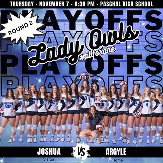 Morgan Collier (@morgancolliervb) on Twitter photo Tomorrow // Lady Owls
Round 2 Playoffs
6:30p @ Paschal HS
<a href="/GMsportsmedia1/">GM Sports Media</a> <a href="/JhsOwlsvball/">Joshua Volleyball</a> <a href="/Gosset41/">Brian Gosset</a> <a href="/dfwvarsity/">dfw varsity</a> <a href="/ProfessorDiggs/">Matt Diggs</a> <a href="/APVVolleyball/">Athletic Performance Volleyball</a> <a href="/kaileemay/">Kailee May Carroll</a> Tomorrow // Lady Owls
Round 2 Playoffs
6:30p @ Paschal HS
<a href="/GMsportsmedia1/">GM Sports Media</a> <a href="/JhsOwlsvball/">Joshua Volleyball</a> <a href="/Gosset41/">Brian Gosset</a> <a href="/dfwvarsity/">dfw varsity</a> <a href="/ProfessorDiggs/">Matt Diggs</a> <a href="/APVVolleyball/">Athletic Performance Volleyball</a> <a href="/kaileemay/">Kailee May Carroll</a>