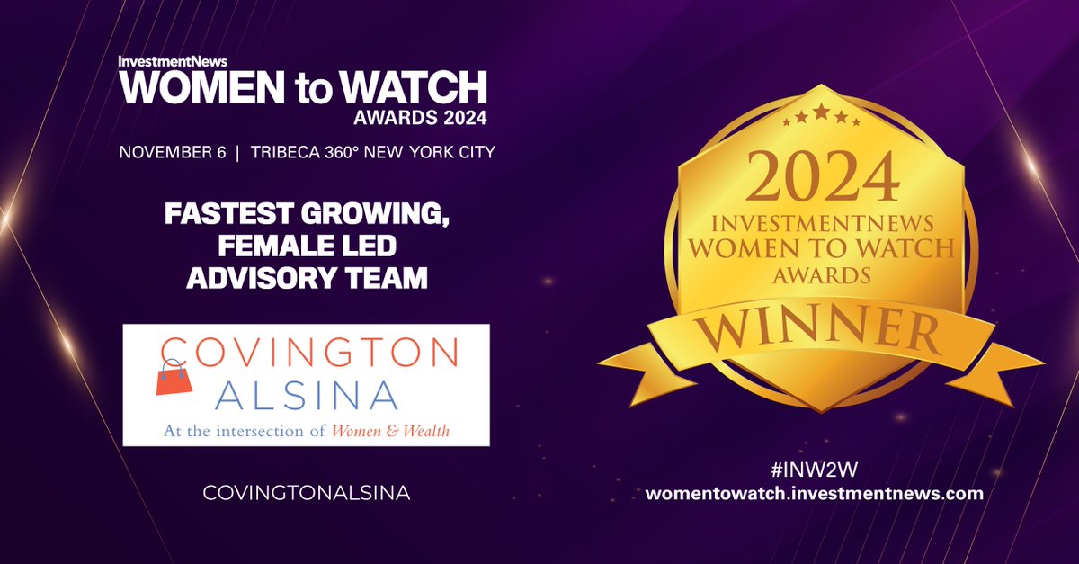 investmentnews's tweet photo. 👏 Congratulations to CovingtonAlsina for winning the Fastest Growing, Female Led Advisory Team award at the #INW2W InvestmentNews Women to Watch 2024 Awards! 

Learn more here: https://t.co/D4ZCJkeJpG

#ClientServiceExcellence #FemaleLeadership #GrowthInFinance #AdvisoryTeam https://t.co/8buBPH8Ssj