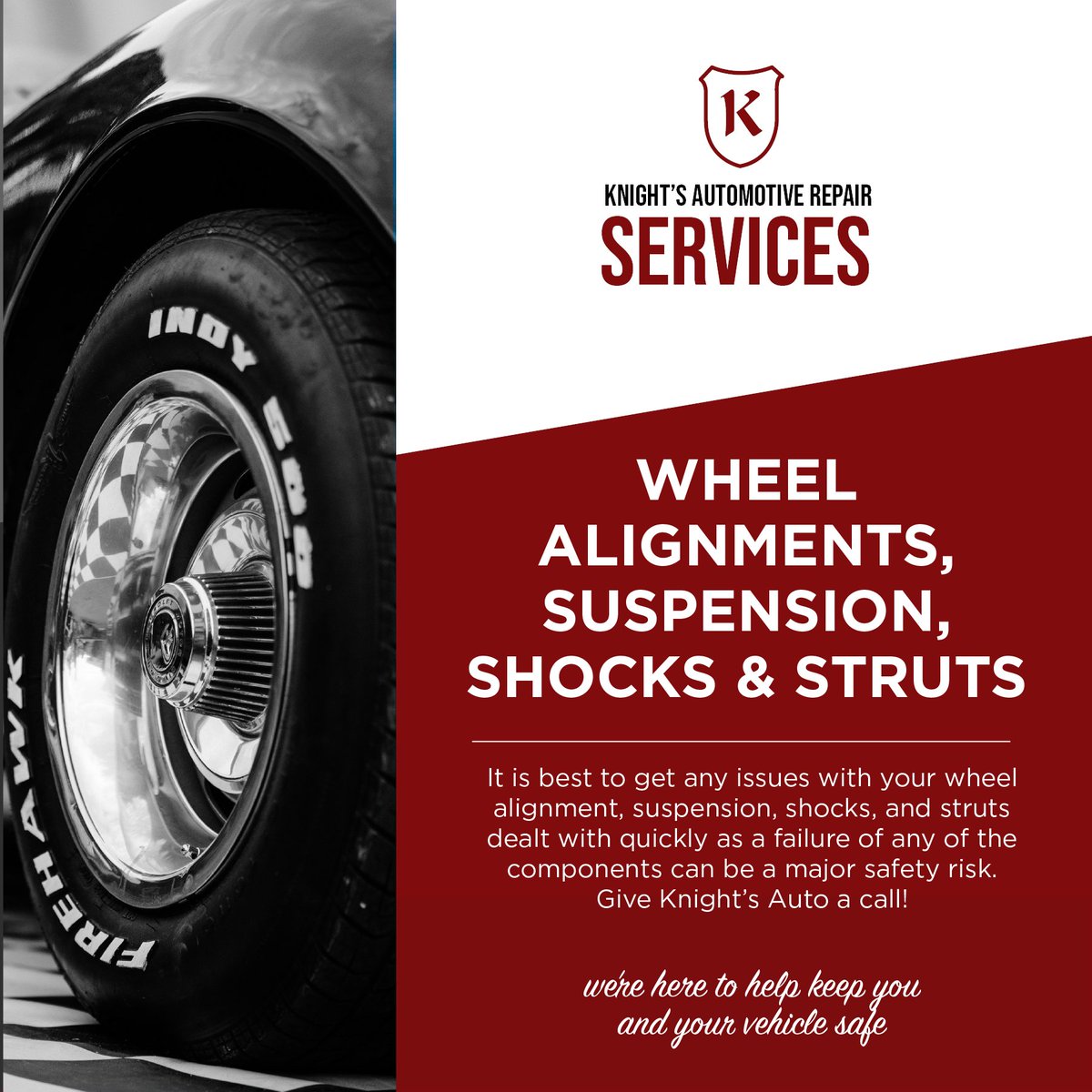 knightsauto's tweet photo. Your wheels and suspension system are what keep your car stable while you’re https://t.co/pyk6RgcKIP is best to get any issues with your wheel alignment, suspension, shocks, and struts dealt with quickly as a failure of any of the components can be a major safety risk. https://t.co/cYnyjedTCw