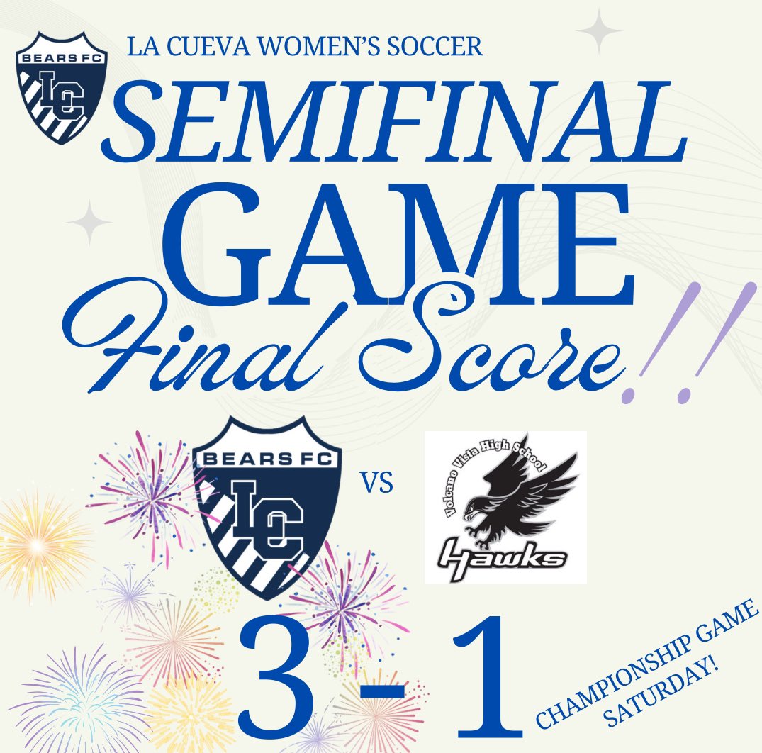 Final from the APS Soccer complex!
LA CUEVA -3
Volcano -1 
WAY TO GO BEARS! 
We’re headed to the State Championship game this Saturday!💙💪🐻⚽️
#WALC