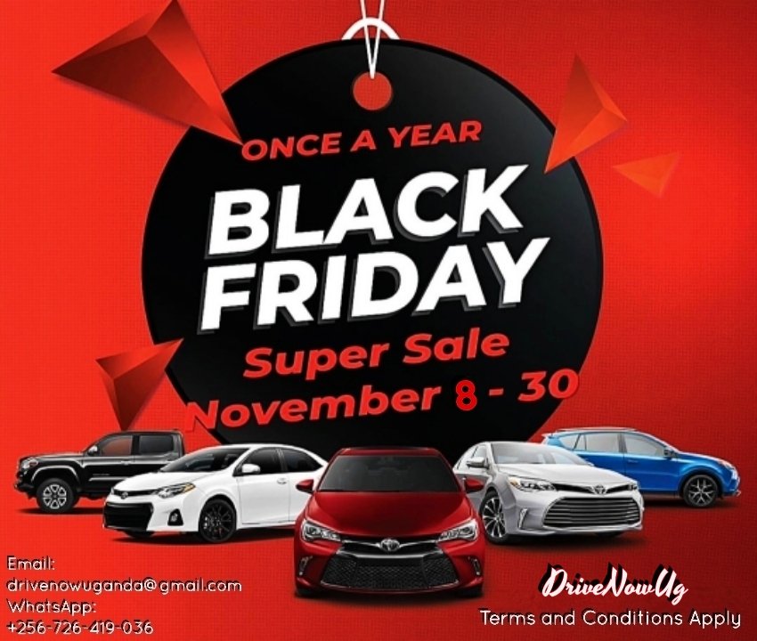 DriveNowUg's tweet photo. #NovBlackFridaysNow
Hey, time to own a high-quality foreignUsed car at a giveaway price. Every Friday prices will be low to 65%, what's stopping you from driving a car that speaks your style with a cool performance yet reliable.
#Note: Better with full payment and not negotiable. https://t.co/Vvps8qv16P