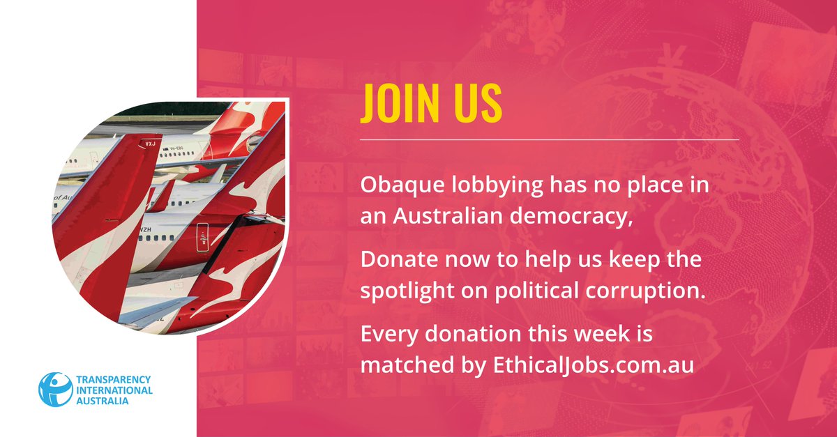 Transparency International Australia (@tiaustralia) on Twitter photo Qantas freebies are just the tip of the iceberg. We need real reform to ensure political transparency. This week every dollar you can chip in will be matched by <a href="/EthicalJobs/">EthicalJobs.com.au</a>. Donate now to help us champion strong reform for political donations & lobbying: chuffed.org/project/ethica… Qantas freebies are just the tip of the iceberg. We need real reform to ensure political transparency. This week every dollar you can chip in will be matched by <a href="/EthicalJobs/">EthicalJobs.com.au</a>. Donate now to help us champion strong reform for political donations & lobbying: chuffed.org/project/ethica…