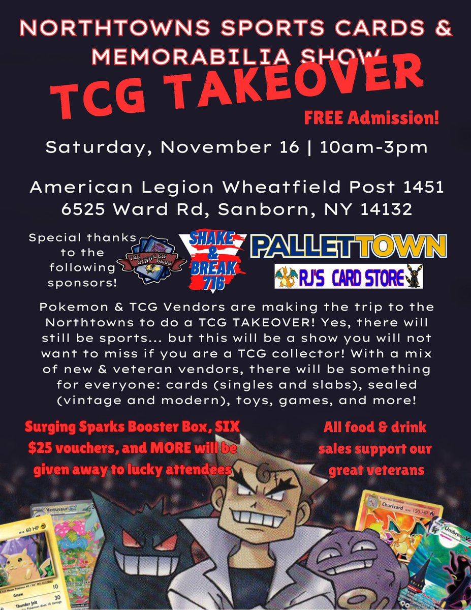 ShakeAndBreakIG's tweet photo. Coming up in 10 short days…. It’s going to be an amazing show. Sports AND TCG show, but it’s a can’t miss show for any Pokémon fans! Lucky attendees will have a chance to win a Surging Sparks BB, one of 6 $25 vouchers to use at the show, and more prizes TBA @CardPurchaser https://t.co/k1eknDoNa0