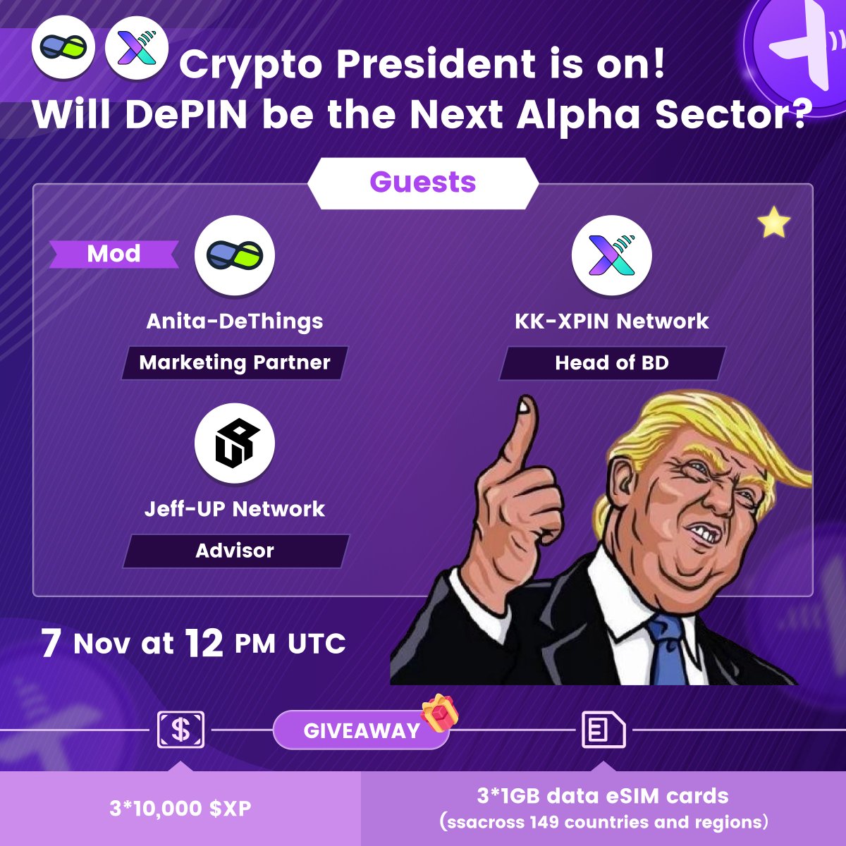 XPINNetwork's tweet photo. 🎙️AMA！
🚀 Crypto #President is on! Will #DePIN be the next Alpha Sector?
Can you smell the #BullMarket ? 🐂💥
Join us today at 12 PM UTC for the big reveal!
@XPINNetwork  teams up with @DeThingsNews  &amp; @Upnetworkone to decode the future! 🔍✨
Click➡️:https://t.co/zby4CzySQs https://t.co/qC5gY2FJaq