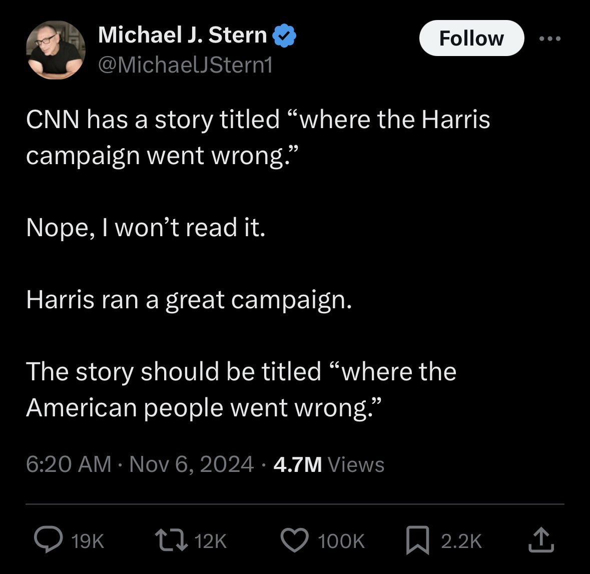 RobertMSterling's tweet image. Kamala Harris’s campaign didn’t fail the American people. The American people failed the Kamala Harris campaign.