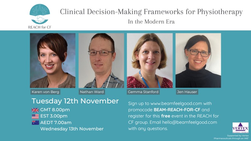 FOR HCP'S: Have you signed up for the next REACH live session? "Clinical Decision-Making Frameworks for Physiotherapy, in the modern CF era". We don't have all the answers but together let's talk and develop useful frameworks for our clinical practice.