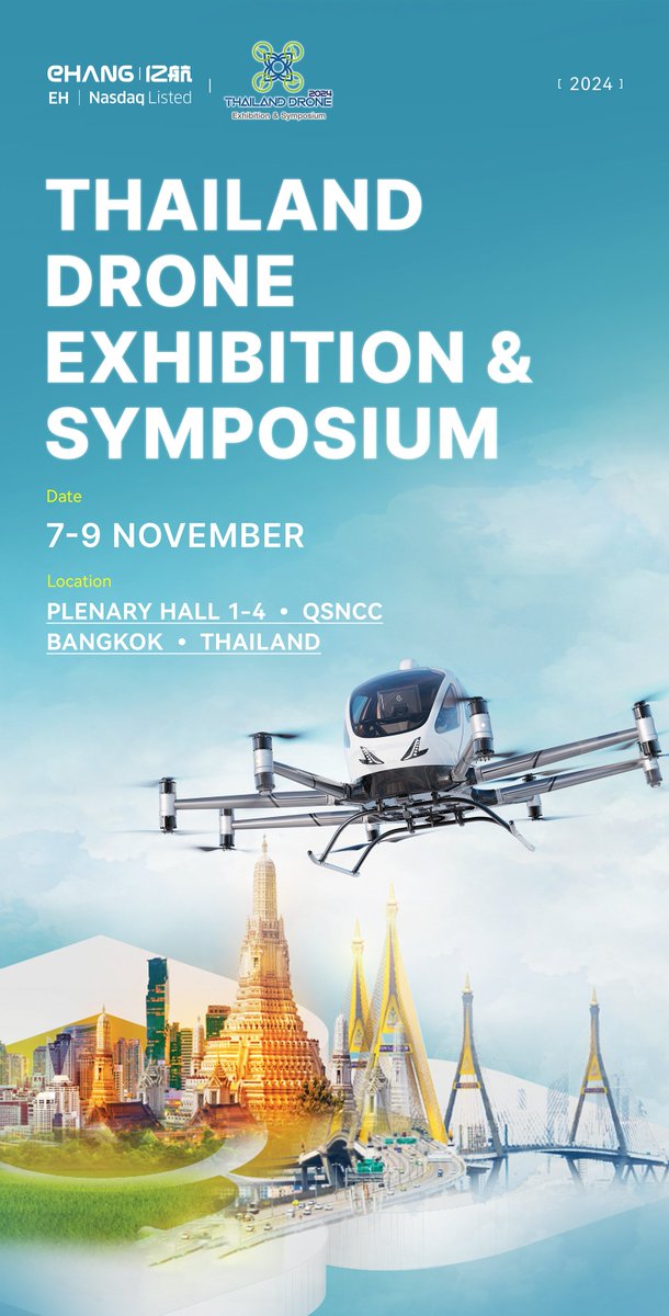 Discover the next era of urban air mobility with EHang at the <a href="/THdroneexpo/">Thailand Drone Expo</a> Thailand Drone Exhibition &amp; Symposium  2024! From 7-9 November, stop by Plenary Hall 1-4 at QSNCC in Bangkok to see the EH216-S up close in an exclusive static display.🚁✨

Join us for an exciting