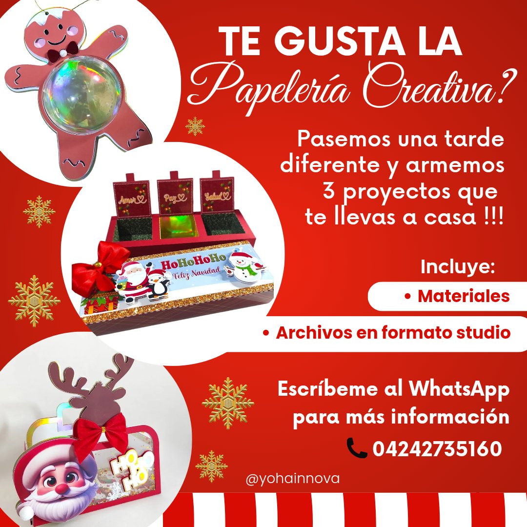 Yohamerlys's tweet photo. Si te gusta la Papelería Creativa no dejes pasar la oportunidad de inscribirte en la clase de armado de 3 proyectos que te llevas contigo:
- Caja para chocolates
- Cajita en forma de cesta 
- Dulcero 
(Todo con motivo navideño)
Incluye todos los materiales
CARACAS
Jueves 14/11 https://t.co/oBcweD9WbX