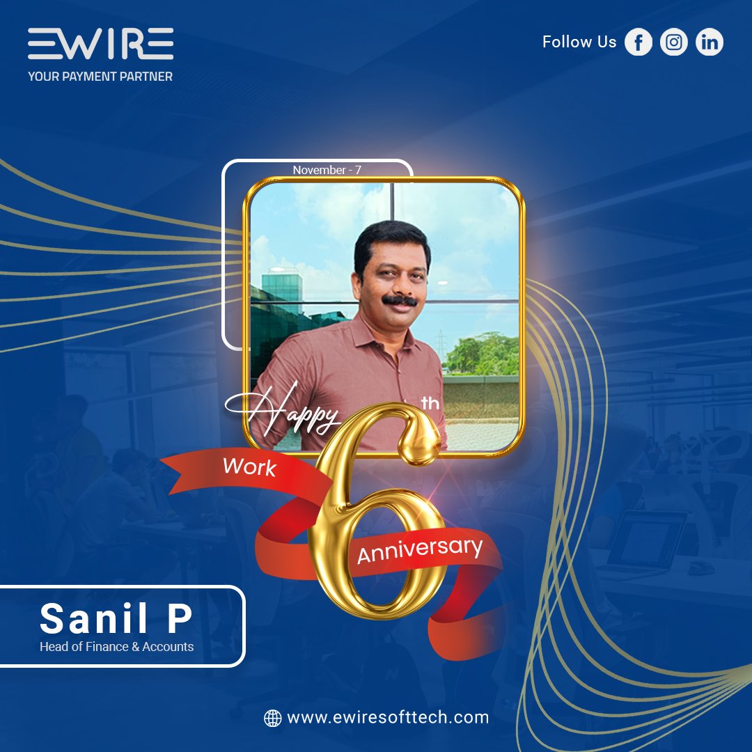 ewire_softtech's tweet image. Congratulations on reaching another work anniversary milestone! Your hard work, dedication, and positive attitude make you an invaluable member of our team. 🎉 🎈Happy Work Anniversary Mr. Sanil P✨😄🥳

#workanniversary #employeeappreciation #yearsofexperience #ewire #fintech
