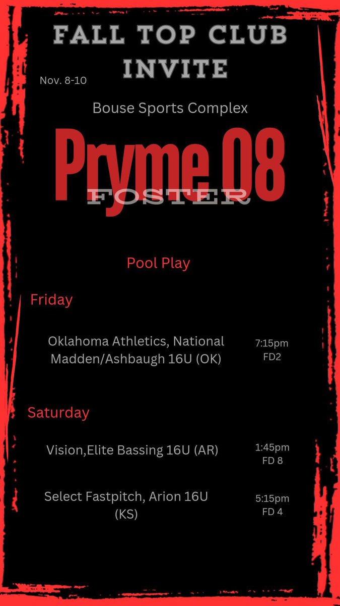PrymeFoster08 (@prymefoster08) on Twitter photo Pryme schedule this weekend. Pray for no rain on Friday. Come see us at Bouse complex in Choctaw! Tune on our youtube and game changer for live broadcast
Youtube: youtube.com/@prymefoster08…
GameChanger: web.gc.com/teams/sfiyypKW…
<a href="/EOSC_Softball/">Eastern OK Softball</a> <a href="/UARMSoftball/">UARM Bucks Softball</a> Pryme schedule this weekend. Pray for no rain on Friday. Come see us at Bouse complex in Choctaw! Tune on our youtube and game changer for live broadcast
Youtube: youtube.com/@prymefoster08…
GameChanger: web.gc.com/teams/sfiyypKW…
<a href="/EOSC_Softball/">Eastern OK Softball</a> <a href="/UARMSoftball/">UARM Bucks Softball</a>