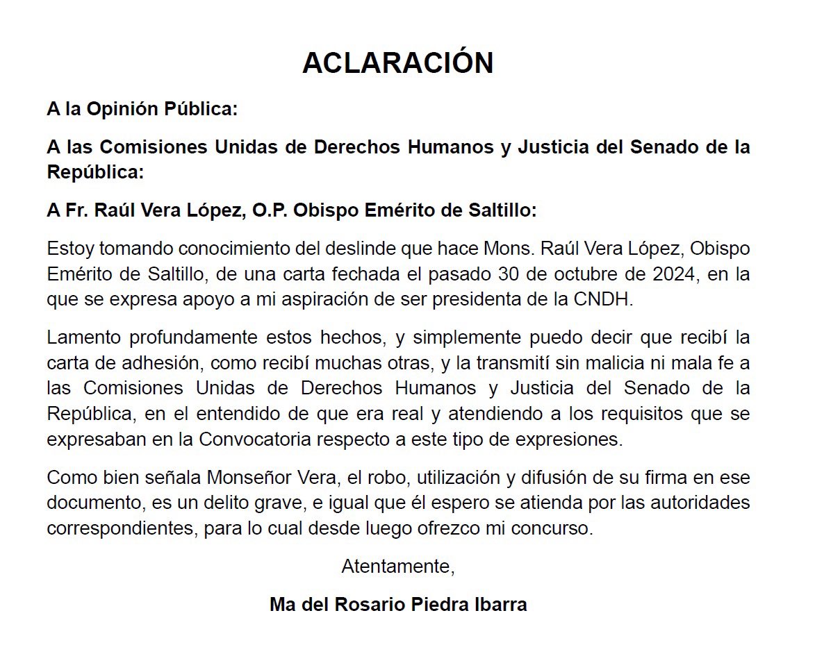 Rosario Piedra Ibarra (@rosariopiedraib) on Twitter photo #Aclaración
A la opinión pública,
A las Comisiones Unidas de Derechos Humanos y de Justicia del <a href="/senadomexicano/">Senado de México</a>,
A Fr. Raúl Vera López, O.P. Obispo Emérito de Saltillo (<a href="/FrayJuanLarios/">Fray Juan de Larios</a>):
#CNDH #DerechosHumanos #Senado #Aclaración
A la opinión pública,
A las Comisiones Unidas de Derechos Humanos y de Justicia del <a href="/senadomexicano/">Senado de México</a>,
A Fr. Raúl Vera López, O.P. Obispo Emérito de Saltillo (<a href="/FrayJuanLarios/">Fray Juan de Larios</a>):
#CNDH #DerechosHumanos #Senado