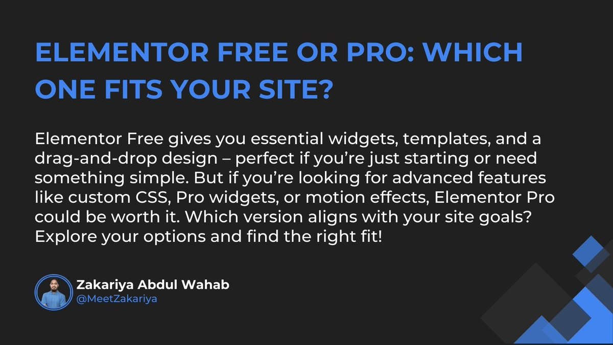 MeetZakariya's tweet image. Elementor Free or Pro? 💡 If you need a simple layout, Free might be enough. But Pro offers more templates, custom CSS &amp;amp; advanced widgets. Which version suits your site? Let’s discuss! 👇 #ElementorTips #WordPressHelp #WebDesignEssentials #MeetZakariy
