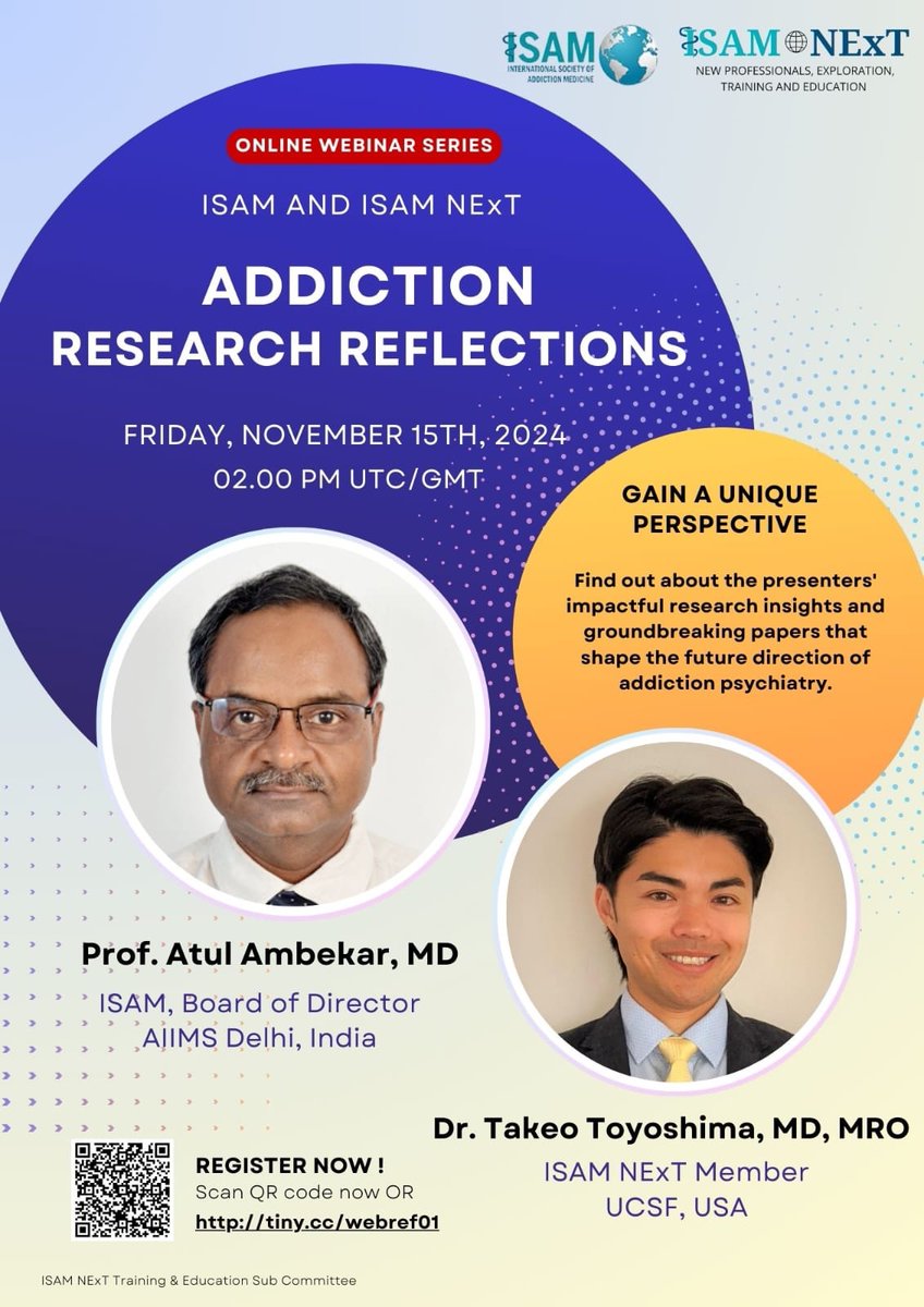 ISAMNExT (@isamnext) on Twitter photo Join us for the first webinar on "Addiction: Research Reflections" to hear from <a href="/atulambekar/">Atul Ambekar</a> and Dr. Takeo Toyoshima !!!!
Engage in stimulating discussions, gain fresh insights and learn to navigate through the challenges in the field!!!
Register today at tiny.cc/webref01 Join us for the first webinar on "Addiction: Research Reflections" to hear from <a href="/atulambekar/">Atul Ambekar</a> and Dr. Takeo Toyoshima !!!!
Engage in stimulating discussions, gain fresh insights and learn to navigate through the challenges in the field!!!
Register today at tiny.cc/webref01