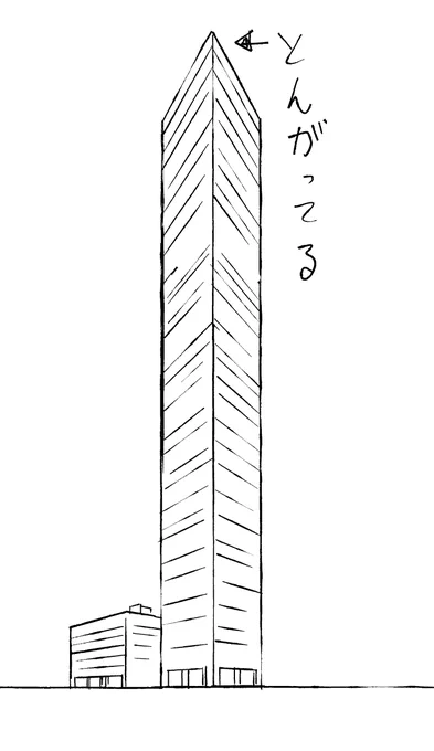 高いビルとかの建築パーズとかで、建物の上の方の角っこがえらいとんがってるのがあることがあるけど、あんな感じにはならないように描くとき色々迷う 