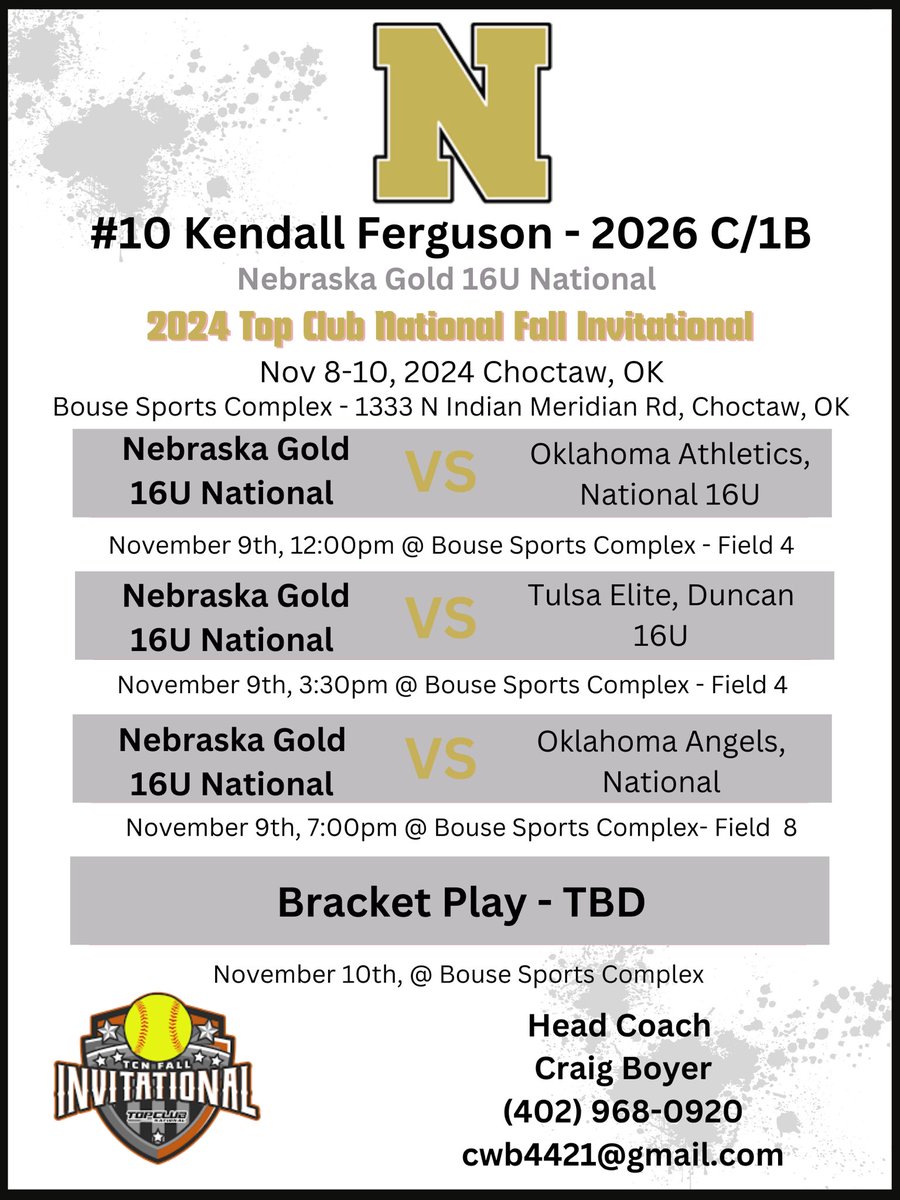 Kendall Ferguson (@kferguson2008) on Twitter photo I’m off to Top Club National Fall Invitational in Oklahoma this weekend. Hope you are able to come watch <a href="/NEGold08s/">Nebraska Gold 16U - National</a>!!
<a href="/BadgerHealy/">BadgerCoachHealy</a> <a href="/dzym6/">Danielle Zymkowitz</a> <a href="/JustinShults33/">Justin Shults</a> <a href="/FranStrub/">Fran Strub</a> <a href="/coach_heard/">Mike Heard</a> <a href="/Jen_Daro/">Jen Brauer</a>
<a href="/livforshey/">Livi Forshey</a> <a href="/Coach_Doria/">Emerald</a> <a href="/CoachPinkerton/">Jamie Pinkerton</a> <a href="/RitterPiper/">Piper Ritter</a> <a href="/coachanniesmith/">Annie Smith</a> <a href="/Coach_Fisher/">Jen Fisher</a> I’m off to Top Club National Fall Invitational in Oklahoma this weekend. Hope you are able to come watch <a href="/NEGold08s/">Nebraska Gold 16U - National</a>!!
<a href="/BadgerHealy/">BadgerCoachHealy</a> <a href="/dzym6/">Danielle Zymkowitz</a> <a href="/JustinShults33/">Justin Shults</a> <a href="/FranStrub/">Fran Strub</a> <a href="/coach_heard/">Mike Heard</a> <a href="/Jen_Daro/">Jen Brauer</a>
<a href="/livforshey/">Livi Forshey</a> <a href="/Coach_Doria/">Emerald</a> <a href="/CoachPinkerton/">Jamie Pinkerton</a> <a href="/RitterPiper/">Piper Ritter</a> <a href="/coachanniesmith/">Annie Smith</a> <a href="/Coach_Fisher/">Jen Fisher</a>