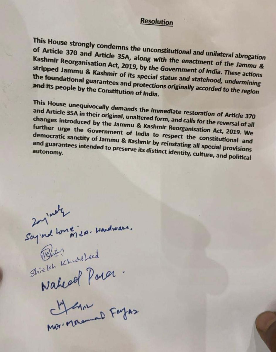 Junaid_Mattu's tweet photo. Glad that a proper resolution has been proposed in the Assembly by @sajadlone, @parawahid and @MirMohdFayaz which minces no words.

— Condemns the J&amp;K Reorganization Act 2019 unequivocally.

— Demands restoration of #Article370 and #Article35A in their “original, unaltered” form. https://t.co/DEsLe6epmu