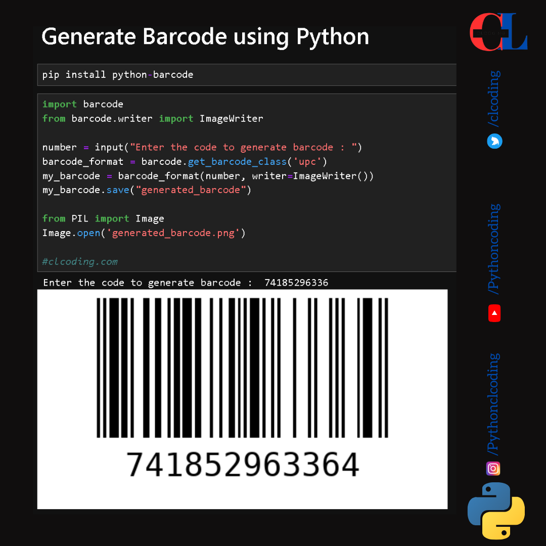 clcoding's tweet photo. Generate Barcode using Python https://t.co/ulqszgwam3