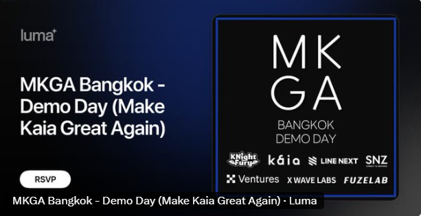 Knightfury404's tweet image. 🚨MKGA Bangkok Demo Day Alert🚨

We're excited to announce that the KnightFury Kaia Community Committee will host a Demo Day in Bangkok on Nov. 14th during Devcon, inviting promising Web3 startups from around the world.

🔥This event will bring together top Web3 VCs in Bangkok to…