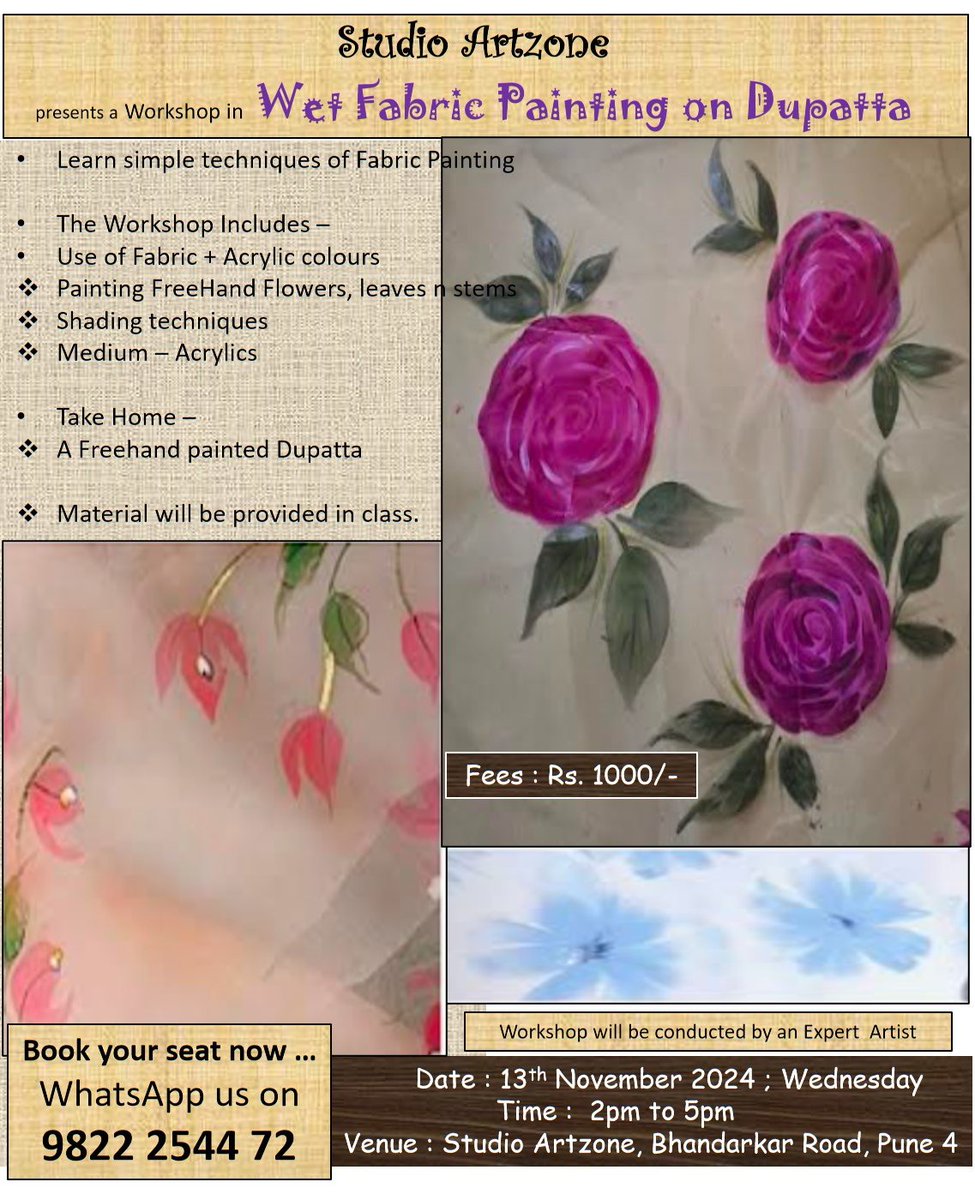 artzonepune's tweet photo. #Painting #PuneClasses #Acrylics #StudioArtzone #FabricPainting #Pune #Deccan
Wet Fabric Painting Workshop @ Studio Artzone
~13Nov'24 (Wed) ;Rs.1000/-, 2pm to 5pm... Take home a completed Dupatta.
For Registrations, contact us on 9822254472 https://t.co/AqghI33IKJ
