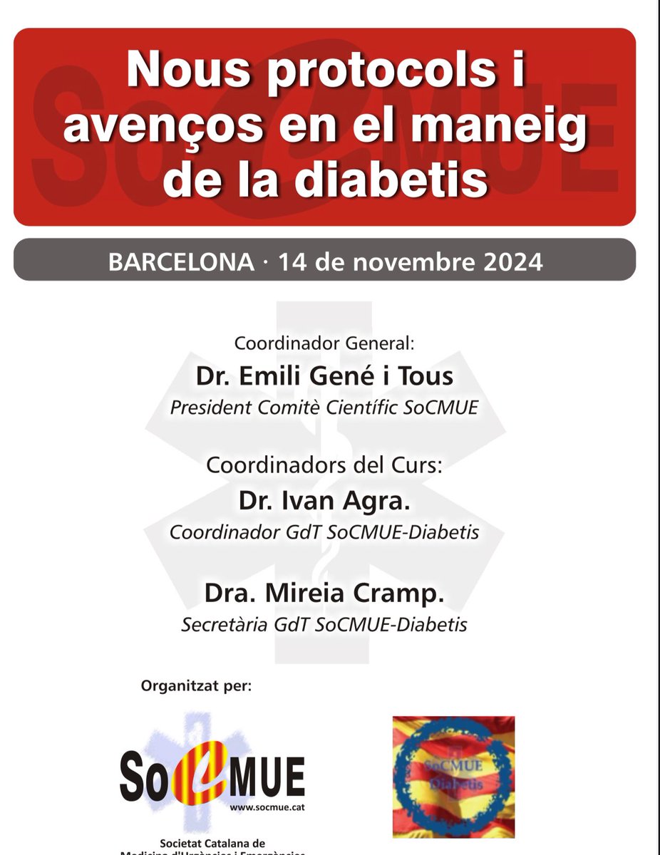 Ja estan obertes les inscripcions per a la #jornada “Nous protocols i avenços en el maneig de la diabetis” organitzada per <a href="/SocmueDiabetis/">SoCMUE-Diabetis</a> 
📅 1️⃣4️⃣ novembre 2024
📍L’Acadèmia

➕ℹ️ socmue.cat

US HI ESPEREM‼️