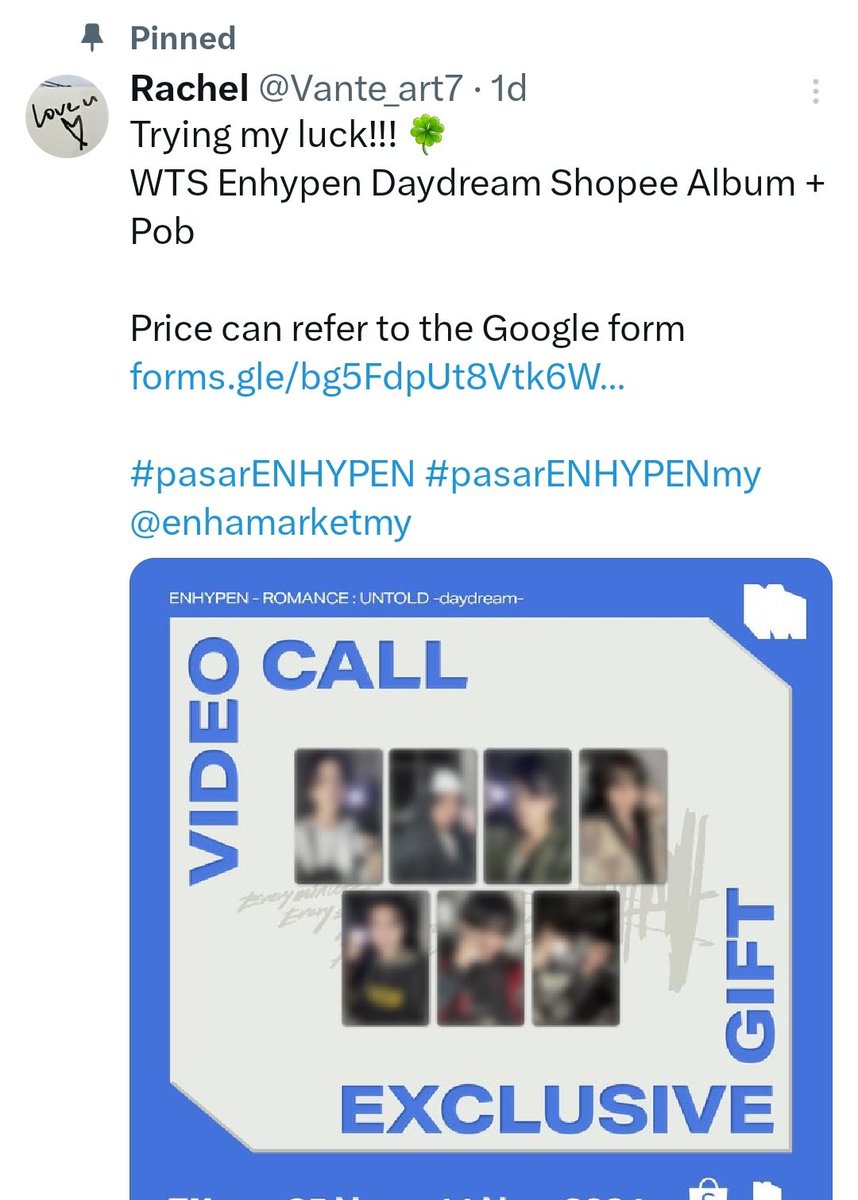 Vante_art7's tweet photo. GIVEAWAY🚨

3 winners
1x Album (Sealed)
2x Shopee POB (can choose member) 

•1 retweet +1 chance
• Buyers +2 chances
 
Rules:
𐙚Flw me
𐙚Like &amp; rt this post &amp; pinned post
𐙚Cmmt the proof
𐙚Have 🇲🇾 Add,  WM RM8/10
𐙚End: TBA

#pasarenhypen #pasarENHYPENmy
@enhypentradeMY https://t.co/UAjaLeoWTe