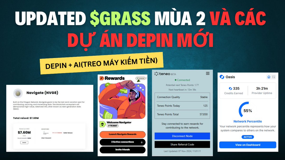 Family_Airdrop's tweet photo. 🔥 $GRASS Airdrop 17% Cho Seasion 2, ace dùng bản desktop or Grass Community Node của grass để được X2 point nhá
https://t.co/QHGKaqc7OH
🖇Đăng ký tài khoản GRASS: https://t.co/y57fUVrpdQ
🔗3 DỰ ÁN DEPIN MỚI
1. ⭐️ #Teneo
1️⃣ Tải Teneo Extension: https://t.co/a7VqfzGhcy
2️⃣ Nhấn Sign Up, đăng ký tài khoản.
👋 Nhập code: 8r0KK (nhận 2500 Teneo Points)
3️⃣ Xác nhận tài khoản ở email
4️⃣ Sau khi đăng ký xong thì nhấn Connect Node là xong. Cảm ơn các bạn đã theo dõi video.
2. ⭐️ #Navigate DePin
Dự án làm về mảng Data Service for AI. Raised: $7.6M từ năm 2022 với định giá FDV $60M nhưng có vẽ đã fail nên đã xây dựng lại build trend DEPIN AI.
Dự án tương tự có thể kể đến chính là $GRASS
🗒🗒🗒🗒
1️⃣ Đăng ký: https://t.co/jsfyrbJhft Điền code: 763667 (Nhận thưởng 350 point)
2️⃣ Nhập email - verify email
3️⃣ Tải Extension: https://t.co/xp83w2Ud8G
4️⃣ Điền form biểu mẫu(https://t.co/IZFj0N6p1w) nhận thêm point Navigate
#Navigate (Update Task)
👨💻 Anh em chạy Navigate rồi làm thêm task dự án nhé. Hiện tại điểm data point chưa update trên dashboard - dự án thông báo sẽ update soon nên anh em làm xong thong thả để đó thôi nha !
📎Truy cập: https://t.co/Mj0ZbIbW6i
1️⃣Nhập Email đã đăng ký bước trước đó
2️⃣ Kết nối tài khoản Twitter
3️⃣Điền code: 5c9ee893
🔆 Nhấn Start Collect Reward Tiếp tục hoàn thành một số nhiệm vụ còn lại theo hướng dẫn hoàn thành xong là được không có mục verify gì đâu nha anh em & update soon.
3. ⭐️Airdrop - #Oasis AI (giống Grass)
#OasisAI là một nền tảng tích hợp AI để tăng cường phân bổ tài nguyên trong các mạng phi tập trung. Bằng cách xử lý dữ liệu từ nhiều nút khác nhau, OasisAI tối ưu hóa hiệu quả và tính bền vững
👉 Link đăng kýOasis AI : https://t.co/8G8EVw8PWk
✔️ Đăng kí tài khoản bằng gmail, xác minh tài khoản ✔️ Tải và cài đặt extension, kết nối để kiếm Credits (đặt bừa tên xong bấm connect là xong)
✔️ Kết nối tài khoản X, Discord..hoàn thành các nhiệm vụ mạng xã hội
✔️ Mời thêm bạn bè
👇Các dự án tương tự #Grass
⭐️#Gradient:🔗https://t.co/HvhRTSjl3b
Code: ETUFGP
⭐️#Nodepay:
🔗https://t.co/yx5TJlC6Tn
⭐️#Blockmesh: 🔗https://t.co/o8SdIR6rds
#DAWN: 🔗https://t.co/ktIyK62sT0 Code: 5y5i7p