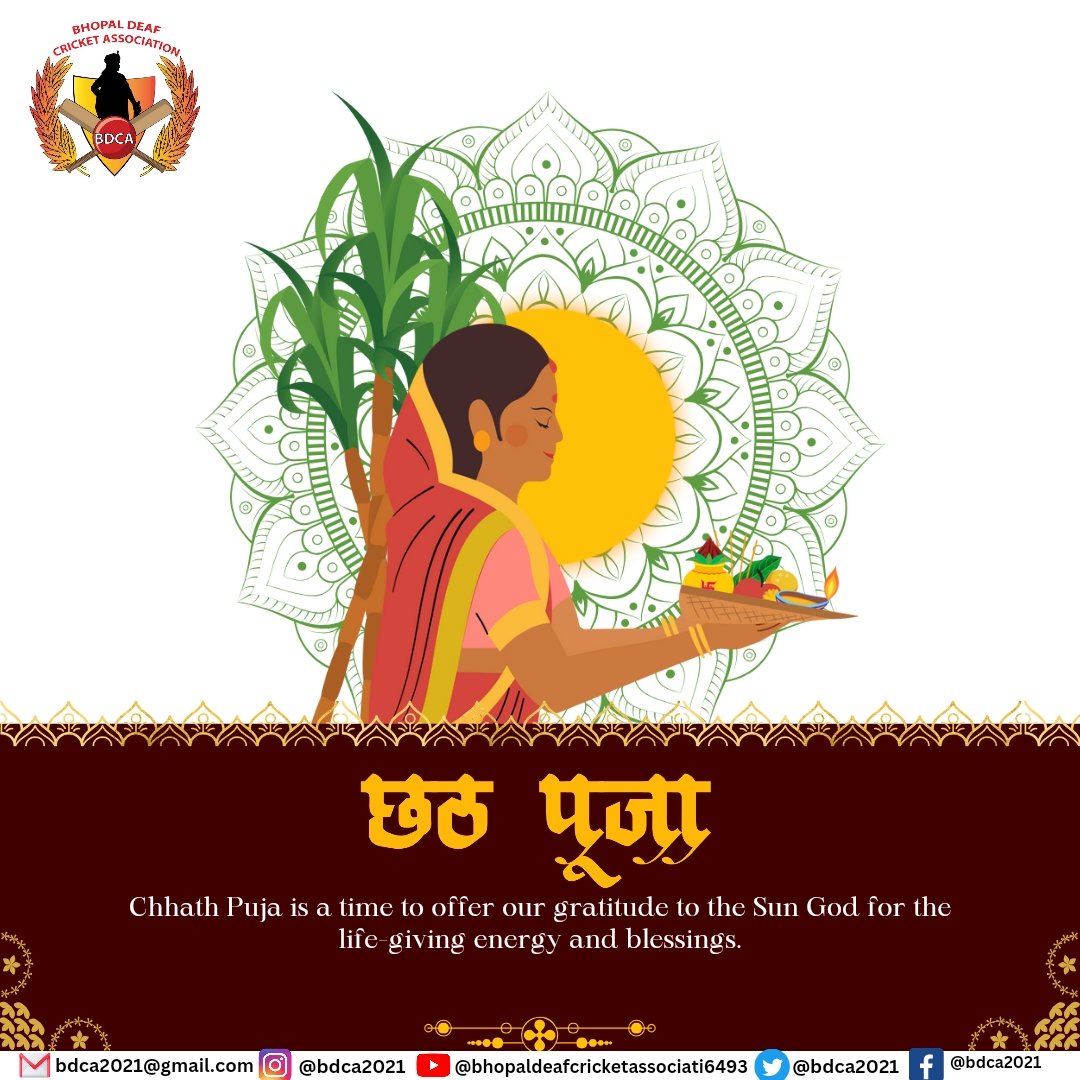 bdca2021's tweet photo. Chhath festival has arrived brought with itself only happiness to bless happiness and prosperity Chhath festival has come once again please accept our best wishes Happy Chhath festival to you! Best wishes for Chhath Puja #bdca21 #Bhopaldeafcricketassociation  #mcsd #bhopaldeaf https://t.co/ByEhjDSDYO