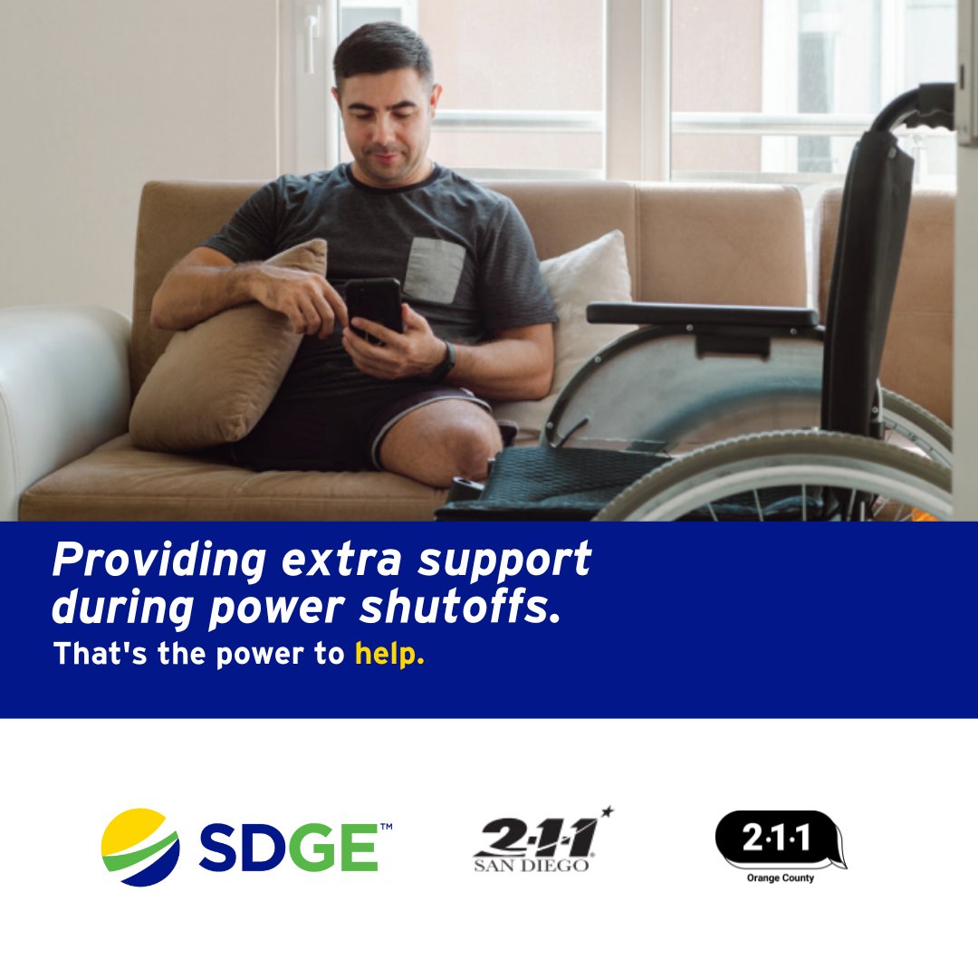 SDGE's tweet photo. If you're in need of extra support, SDG&amp;E has partnered with @211SD and @UnitedWayOC  to offer additional resources during a PSPS. 211 is free &amp; available to take your call 24/7 in over 200 languages. 
 
📱 Dial 211 for help or 711 if you are hearing impaired. https://t.co/IZ0hBW10oF