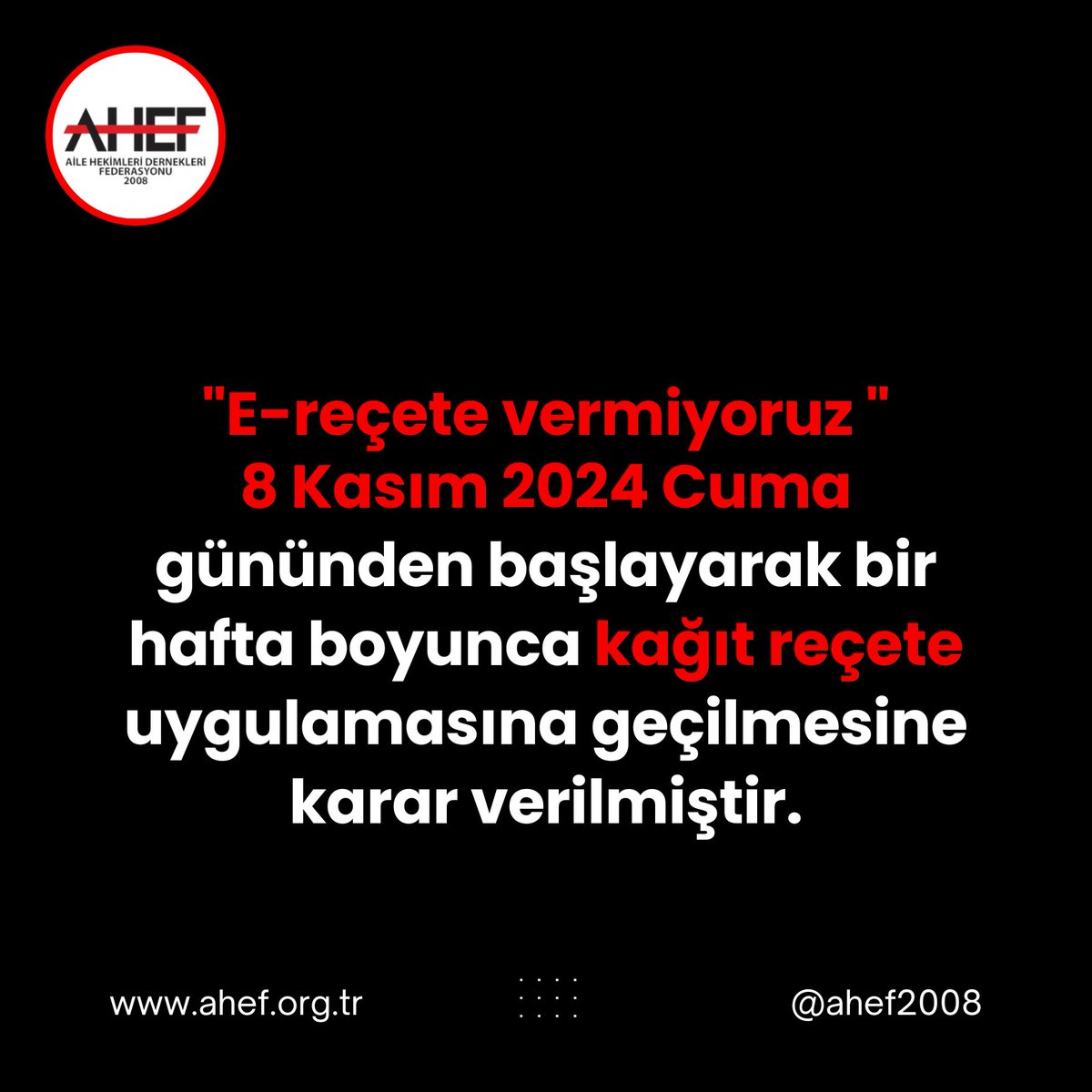 8 Kasım 2024 Cuma gününden başlayarak bir hafta boyunca kağıt reçete uygulamasına geçilmesine karar verilmiştir.
<a href="/halksagligigm/">Halk Sağlığı Genel Müdürlüğü</a> <a href="/saglikbakanligi/">T.C. Sağlık Bakanlığı</a> <a href="/drmemisoglu/">Prof. Dr. Kemal Memişoğlu</a> <a href="/RTErdogan/">Recep Tayyip Erdoğan</a> <a href="/tcbestepe/">T.C. Cumhurbaşkanlığı</a> 
#zulümyönetmeliği