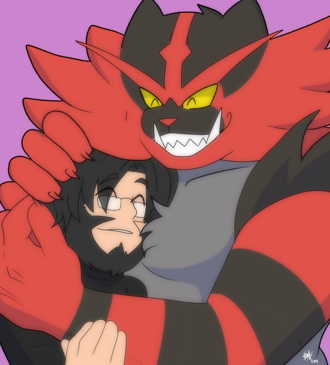 It's my birthday today! I'm now a 28 year old goober... but <a href="/bonsnep/">Bon (NO LONGER HERE. Check my other socials 👇)</a> made this surprise for me that shows that age has no bearing on being able to cuddle your Incineroar husbando. Thank you so much dude! I love it a ton!
