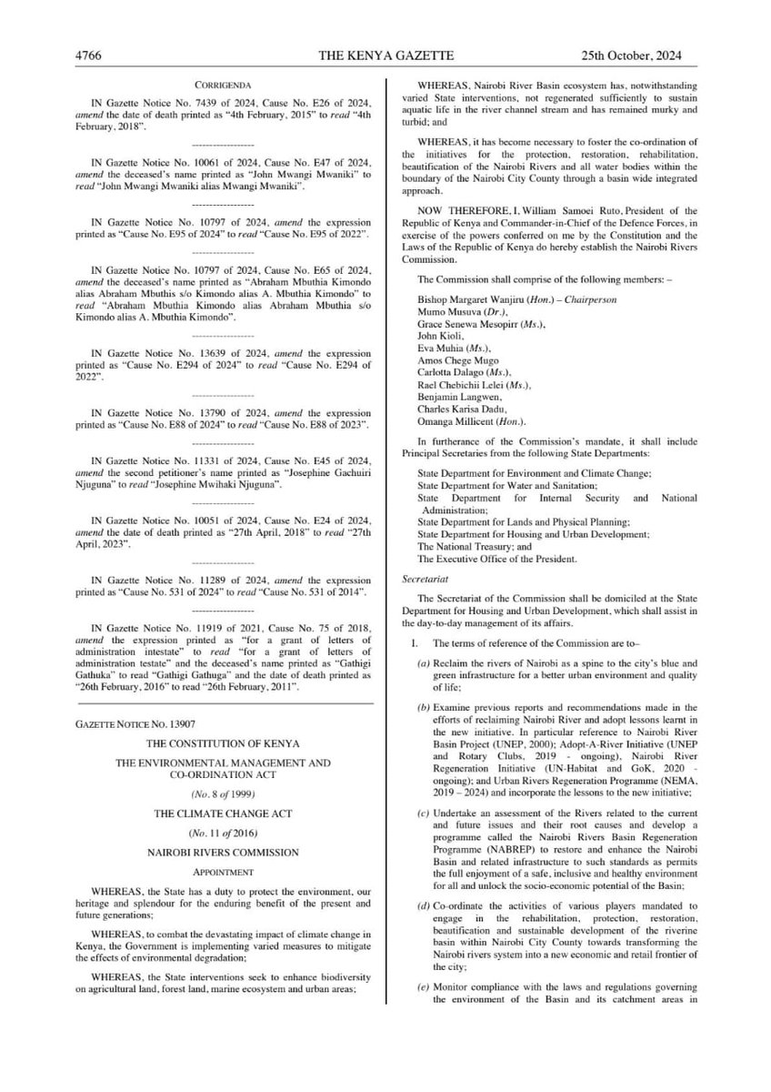 nairobi_rivers's tweet photo. Gazette Notice No. 14891 for the Nairobi Rivers Commission was revoked and replaced by Gazette Notice No. 13907. https://t.co/enJR9tTVkt