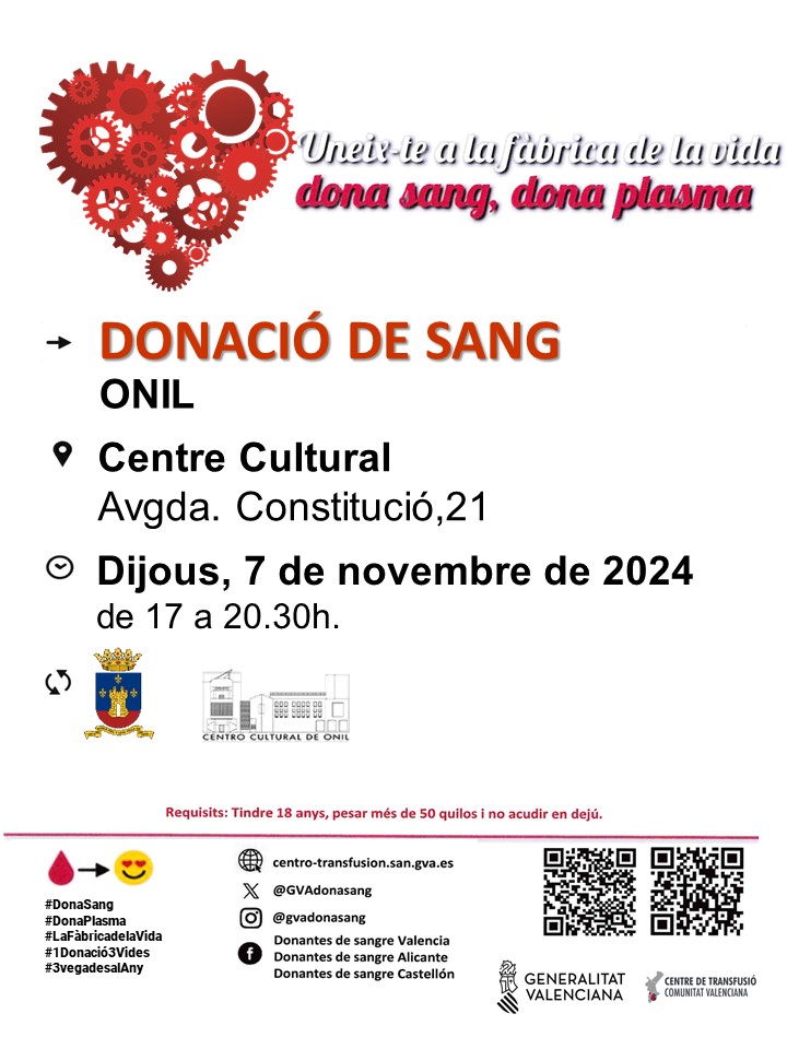 Donació de sang🩸a #Onil, dijous 7 de novembre de 2024, de 17 a 20.30h, Sala Jove del Centre Cultural (Av. de la Constitució, 21). Amb la donació de sang col.labores amb hospitals en l'atenció dels malalts. La teua ajuda pot salvar a 3 persones <a href="/GVAdonasang/">GVA Dona Sang</a> #DónaSang #DónaVida