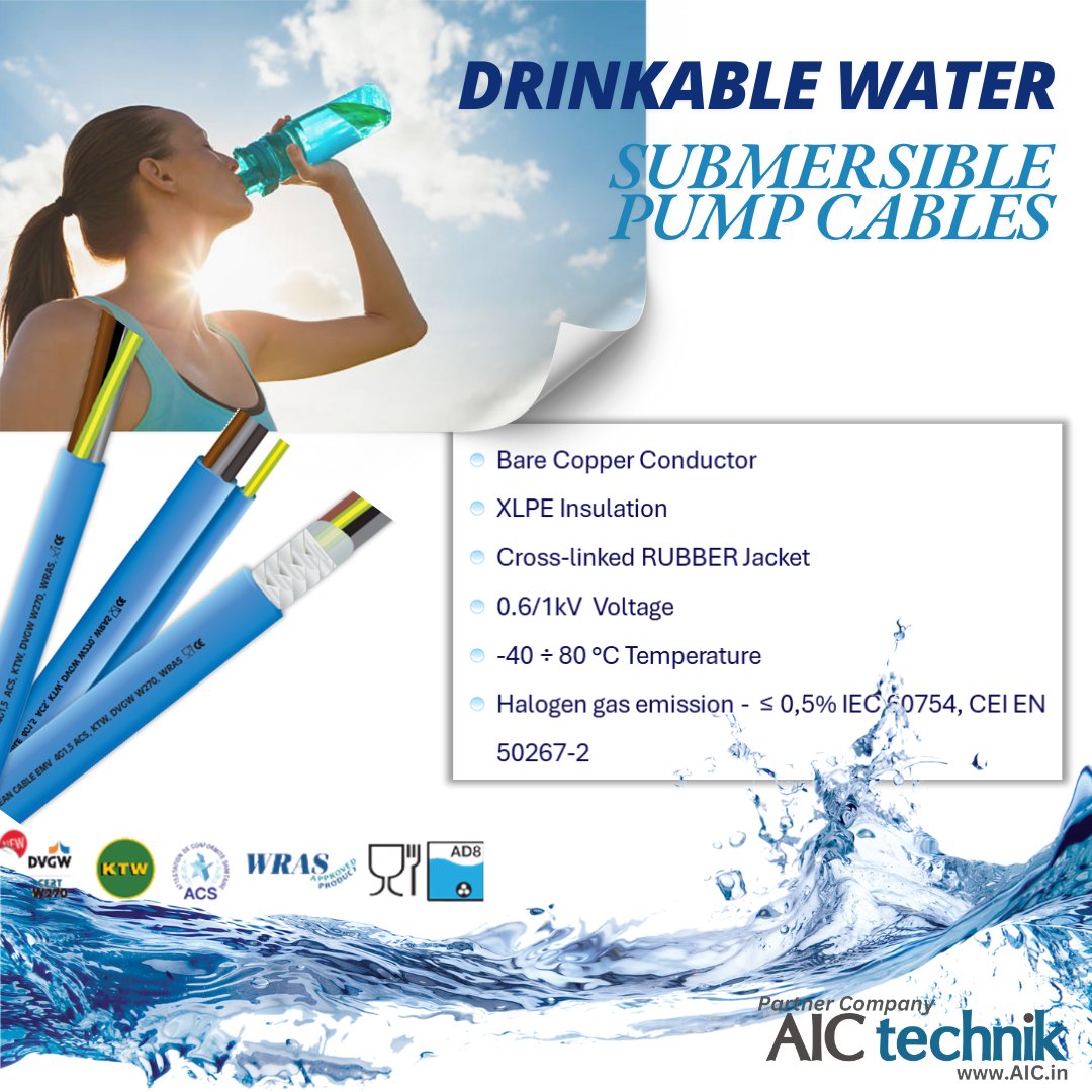 AICTechnik's tweet image. #UnikaItaly; Presents Cables for Submersible Pumps for Drinkable Water for Human Consumption | Provided by #AICTechnik!  

#CopperConductor #ScreenedCable #PowerSupplyCable #SubmersiblePumps #DrinkableWater

📩marketing@AIC.in
🌐AIC.in / unika.co.in
