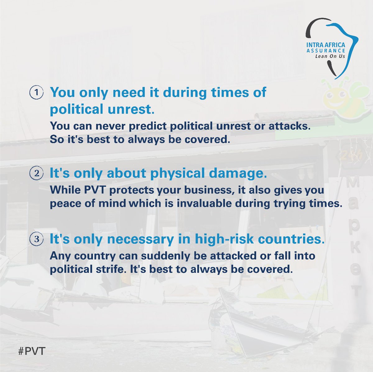 intraafrica's tweet image. The Political Violence and Terrorism Insurance cover is not a very common cover, but it's very important. Here are three clarifications about PVT to help you understand it better. #PoliticalViolence #TerrorismInsurance