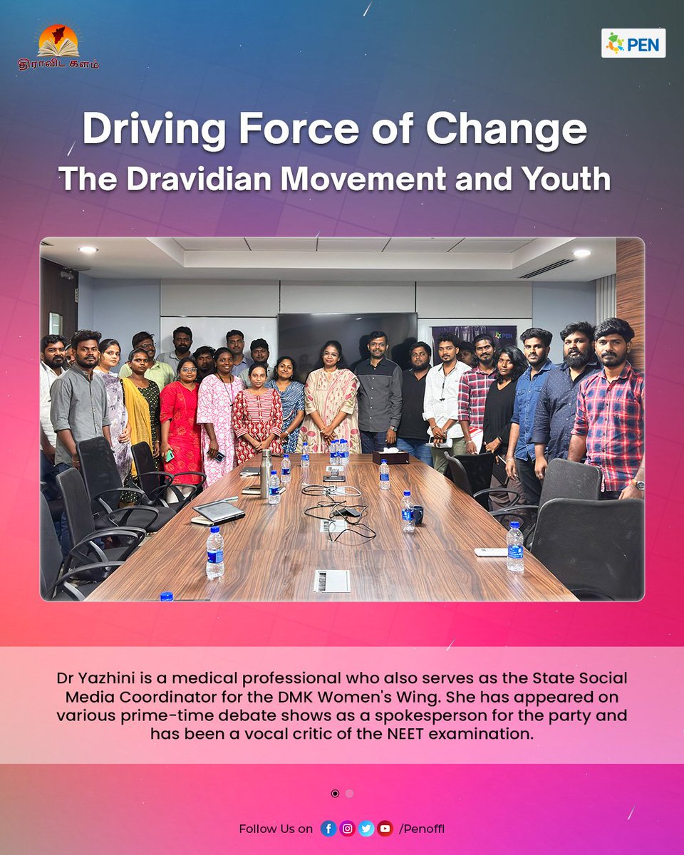 PEN_Offl's tweet photo. PEN employees were thrilled to participate in an informative discussion led by Dr Yazhini, a medical professional and the State Social Media Coordinator for the DMK Women's Wing. She spoke on the theme ‘Driving Force of Change: The Dravidian Movement and Youth,’ highlighting the initiatives and welfare measures undertaken by Dravidian movements to advance education and promote equal opportunities to individuals across society.

 #DravidaKalam  #DravidianModel #DravidaModel