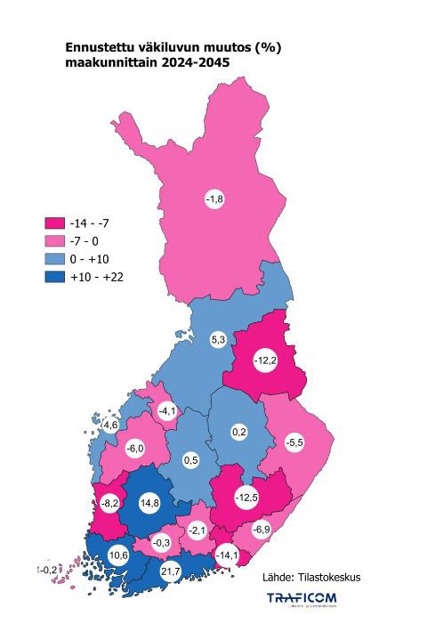 Teimme Tilastokeskuksen väestöennusteen perusteella kartan väkiluvun oletetusta kehityksestä maakunnittain. Se antaa ajattelemisen aihetta myös liikennejärjestelmän kehittämiseen. Lue lisää #tilannekuva’sta: tieto.traficom.fi/fi/tilastot/va…