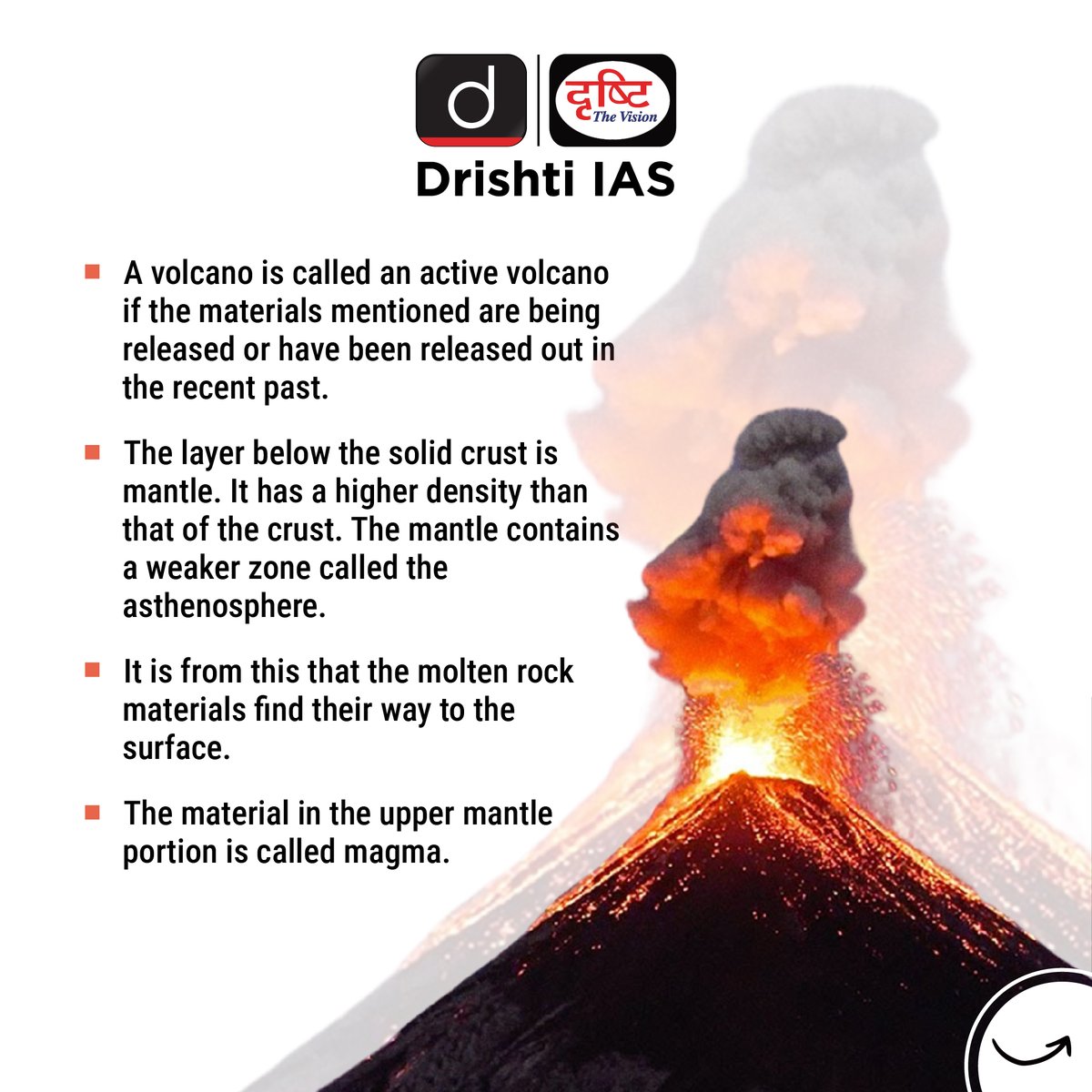 drishtiiaseng's tweet photo. Read about Active Volcano!

#DrishtiDailyBrief #ActiveVolcano #Volcano #SolidCrust #Mantle #Crust #Asthenosphere #Rock #Material #Magma #MerapiVolcano #Location #UPSC #IAS #DrishtiIAS #DrishtiIASEnglish https://t.co/ablBzmj6XY