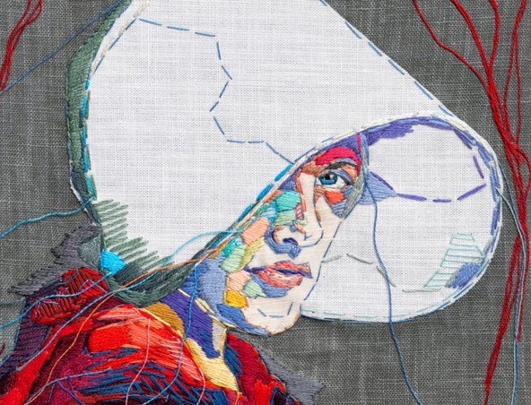 womensart1's tweet photo. Lauren Dicioccio’s hand stitched portrait of Elizabeth Moss as Offred from the TV adaptation of Margaret Atwood's novel 'The Handmaid's Tale', a work containing the famous quote..
“Nolite te bastardes carborundorum"  #WomensArt https://t.co/DUKOdTstcp