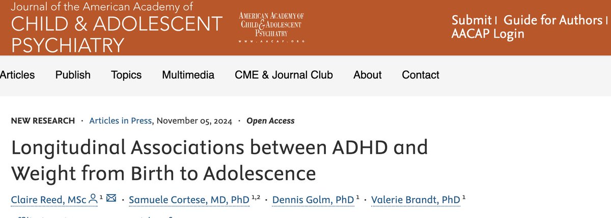 Our new study out in @jaacap led by our  PhD student Claire Reed and @TicsResearch,
with <a href="/GolmDennis/">Dr Dennis Golm</a> from <a href="/SotonPsych/">Psychology at Soton</a> .

Children with #ADHD  significantly lighter at birth but more likely to have #obesity at age 5 onwards. Importance of early prevention 

jaacap.org/article/S0890-…