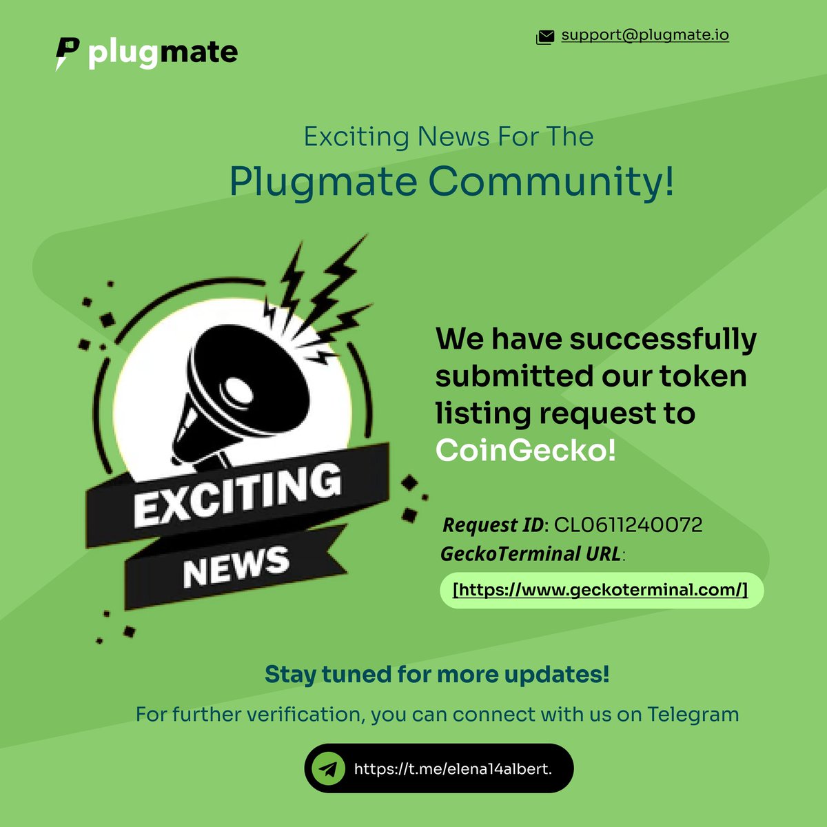 PlugMateEV's tweet image. 🚀  𝐄𝐱𝐜𝐢𝐭𝐢𝐧𝐠 𝐍𝐞𝐰𝐬 𝐟𝐨𝐫 𝐭𝐡𝐞 𝐏𝐥𝐮𝐠𝐦𝐚𝐭𝐞 𝐂𝐨𝐦𝐦𝐮𝐧𝐢𝐭𝐲! We have successfully submitted our token listing request to @coingecko ! 🎉

𝑹𝒆𝒒𝒖𝒆𝒔𝒕 𝑰𝑫: CL0611240072
𝑮𝒆𝒄𝒌𝒐𝑻𝒆𝒓𝒎𝒊𝒏𝒂𝒍 𝑼𝑹𝑳: [geckoterminal.com]

This marks another big
