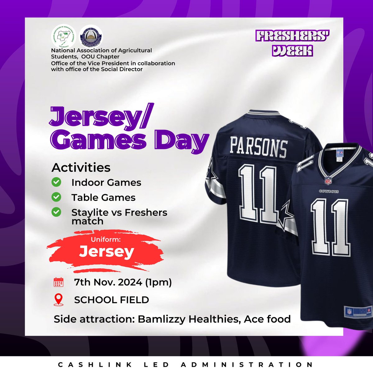 AESANOOU's tweet photo. It's Jersey/Games Day! Who's taking the win? Staylites or Fresher 😌😂?

See you all there 🫵!!

#NAASOOU #AESANOOU
#NaasFreshersWeek https://t.co/Tf3dh49ohV
