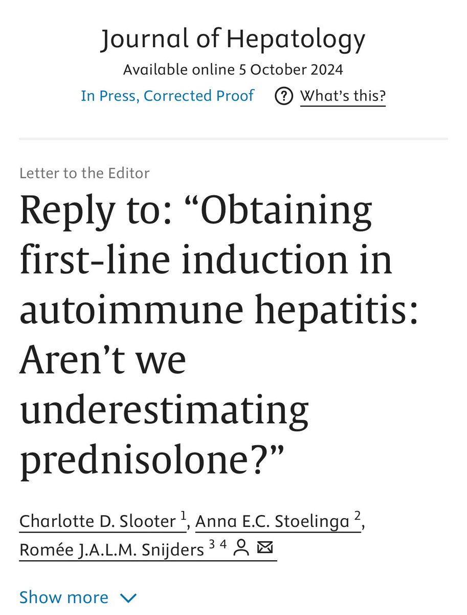 Romée Snijders (@romeesnijders) on Twitter photo 🙏🏽 Our latest letter in <a href="/JHepatology/">Journal of Hepatology</a>
▶️ First-line treatment in AIH #camaro #trial
❓ Aren’t we underestimating prednisolone?
Link to the letter:
sciencedirect.com/science/articl…
<a href="/Tom__gevers/">Tomgevers</a> <a href="/joostphdrenth/">Joost PH Drenth</a> 🙏🏽 Our latest letter in <a href="/JHepatology/">Journal of Hepatology</a>
▶️ First-line treatment in AIH #camaro #trial
❓ Aren’t we underestimating prednisolone?
Link to the letter:
sciencedirect.com/science/articl…
<a href="/Tom__gevers/">Tomgevers</a> <a href="/joostphdrenth/">Joost PH Drenth</a>