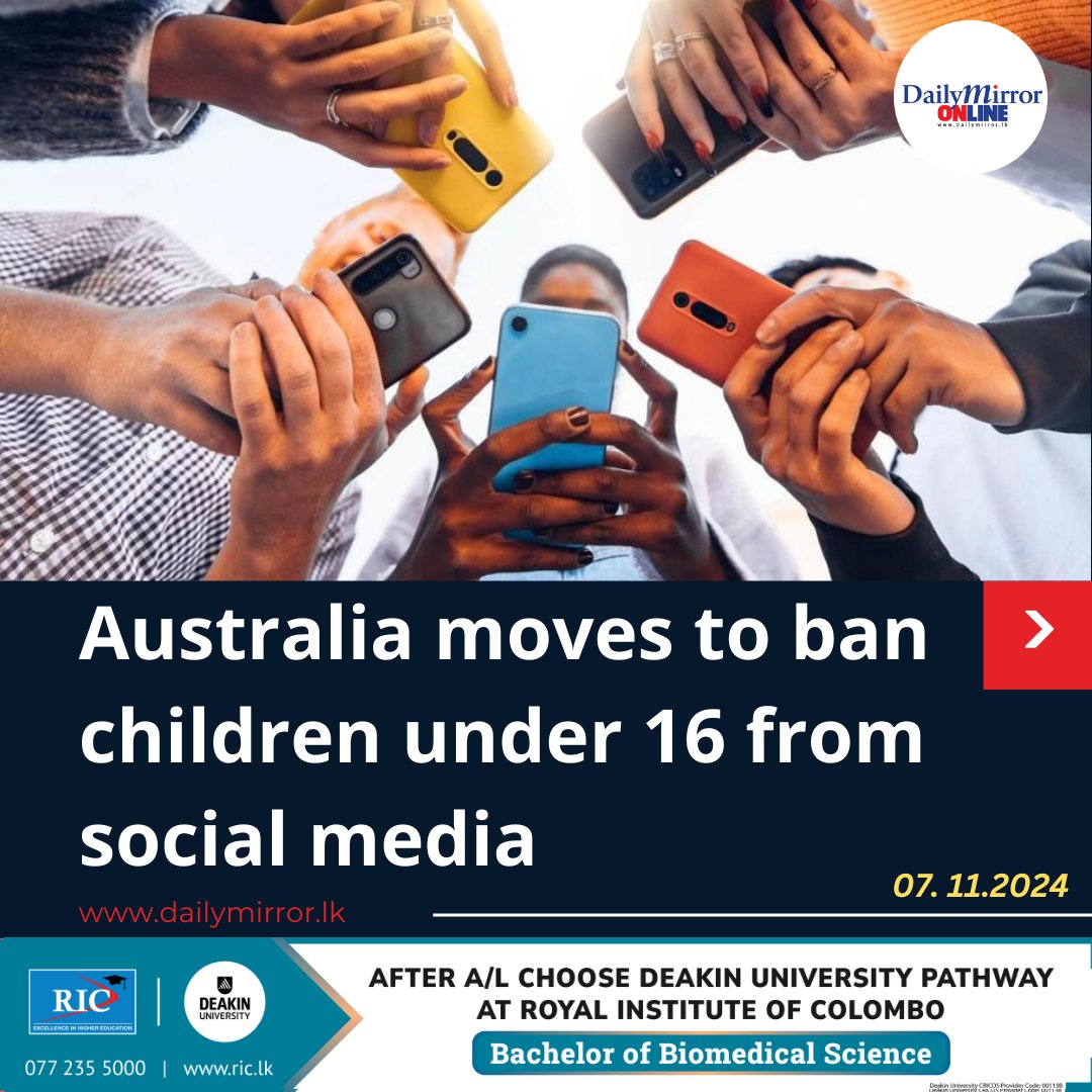 Dailymirror_SL's tweet photo. Australia moves to ban children under 16 from social media

https://t.co/4m7hUpBL7r https://t.co/xkVFW9QhqU