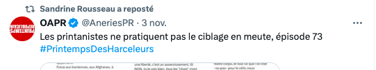 Madame la députée <a href="/sandrousseau/">Sandrine Rousseau</a>, vous relayez un compte -anonyme-, obsession et harcèlement de tout membre -et surtout supposé pour dresser des listes...- <a href="/printempsrepub/">Printemps Républicain</a>.
Lire sur ce fil, les propos insultants, sexistes.
(Et rageux car je ne réponds jamais au délire mythomane.)