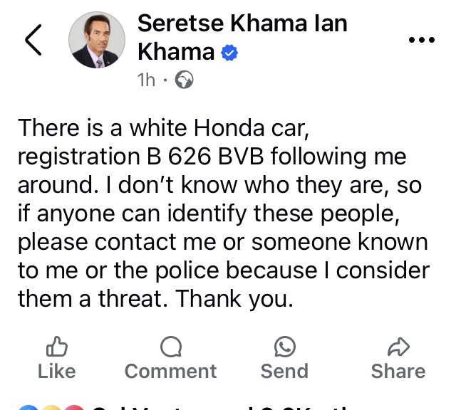 Oliver_Mhuriro's tweet image. Former President of #Botswana🇧🇼, Lieutenant General; Seretse Khama Ian #Khama has announced that he is being followed around by a certain #vehicle unknown to him posing a #security threat.