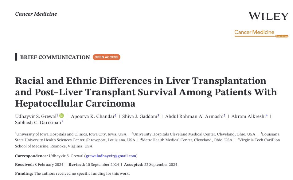 Udhayvir Grewal (@ugrewalmd) on Twitter photo 📝 Just out in <a href="/CancerMedicineJ/">CancerMedicine</a>
Our paper on Racial and Ethnic Differences in Liver Transplantation and Post–Liver Transplant Survival Among Patients With Hepatocellular Carcinoma.
👉🏽 electronic health record (EHR)-based patient data
👉🏽 2901 patients
👉🏽Racial minorities 📝 Just out in <a href="/CancerMedicineJ/">CancerMedicine</a>
Our paper on Racial and Ethnic Differences in Liver Transplantation and Post–Liver Transplant Survival Among Patients With Hepatocellular Carcinoma.
👉🏽 electronic health record (EHR)-based patient data
👉🏽 2901 patients
👉🏽Racial minorities