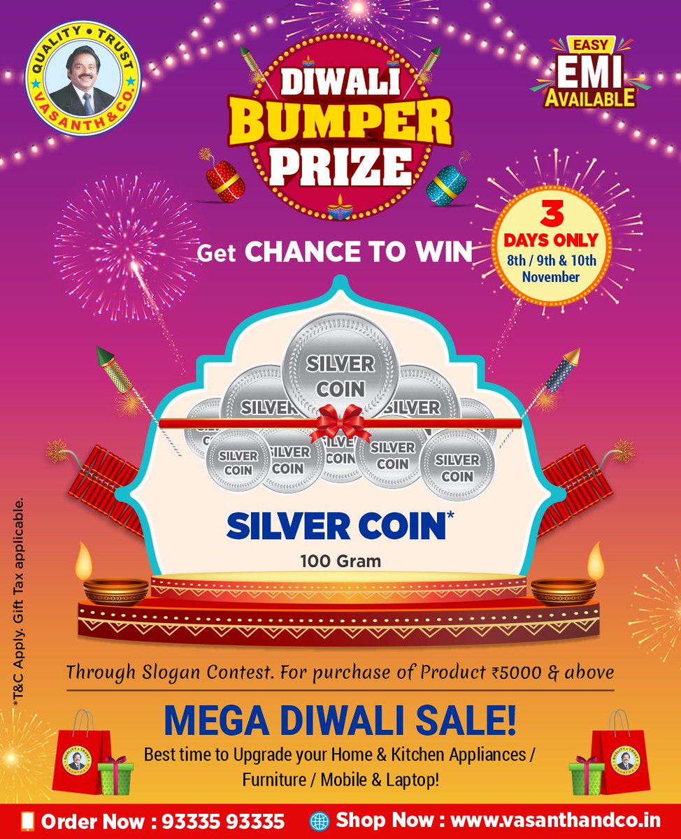 vasanthandco_in's tweet image. 🪔 Hurry, hurry! ⏳ Last call for the Diwali bumper Prize! 🎉

Don’t wait—enter now to win big! 🎁
.
.
.
.
.
.
#Vasanthandco #bumperprize #chancetowin #thar #gold #silver #tv #megasale #EMI #bumper #trust #quality