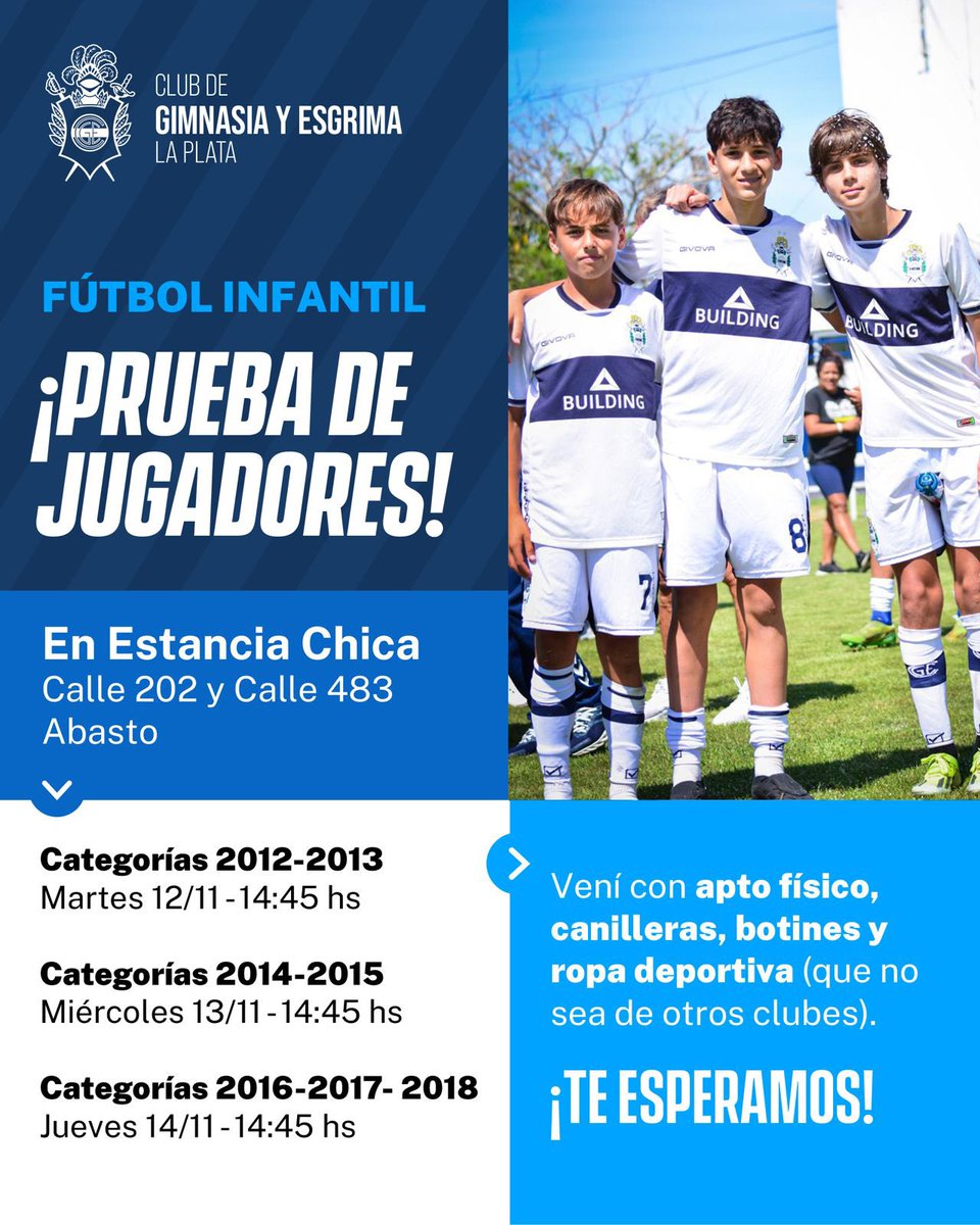 ⚽️ ¡Vení a jugar en el Lobo! 🐺

📍 Estancia Chica, Abasto (202 y 483)
⚽ Cat. 2012 a 2018.
✅ Apto físico, ropa deportiva (que no sea de otros clubes)

📝 Completar el siguiente formulario: forms.gle/WzHFWqw2ZcxyYS…

Más INFO: gimnasia.org.ar/veni-a-jugar-e…

#DaleLobo #FábricaDeJugadores